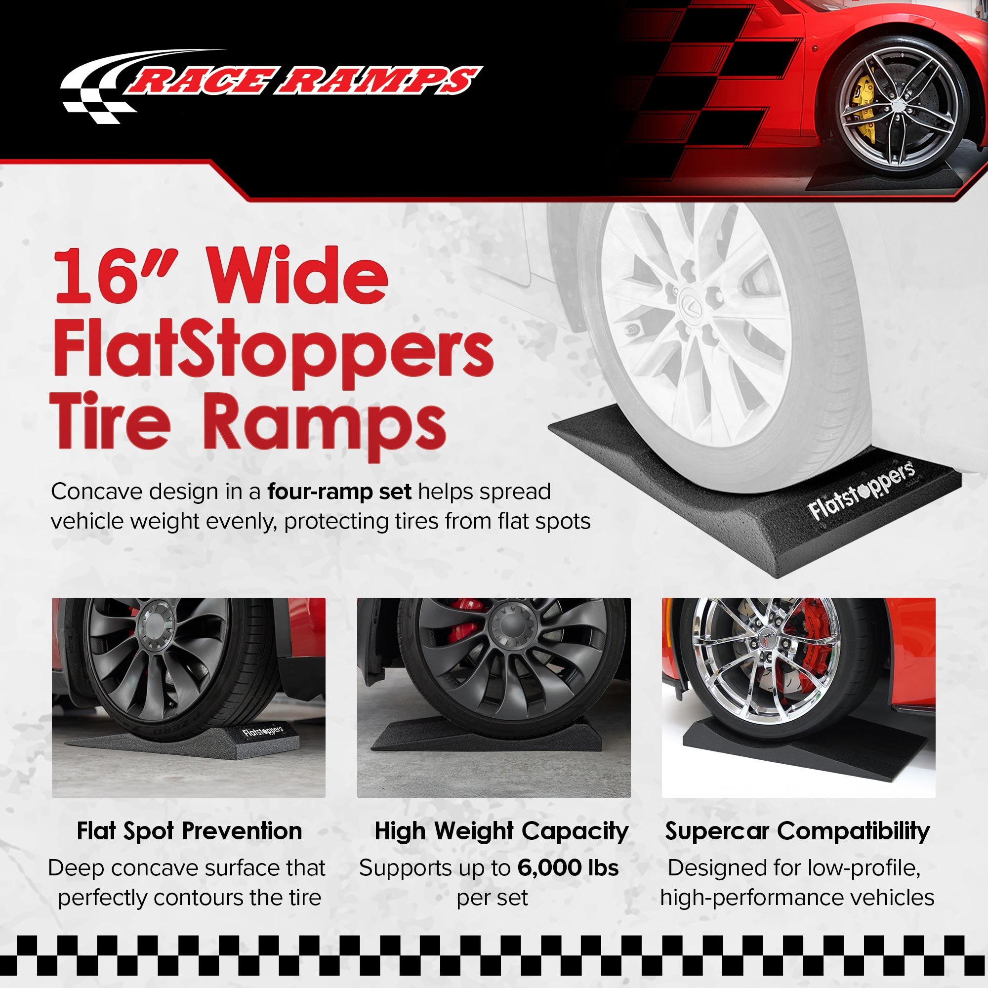 Race Ramps FlatStoppers, Tire Car Ramps for Storage, 16" Wide, 4pc (Open Box) - VMInnovations