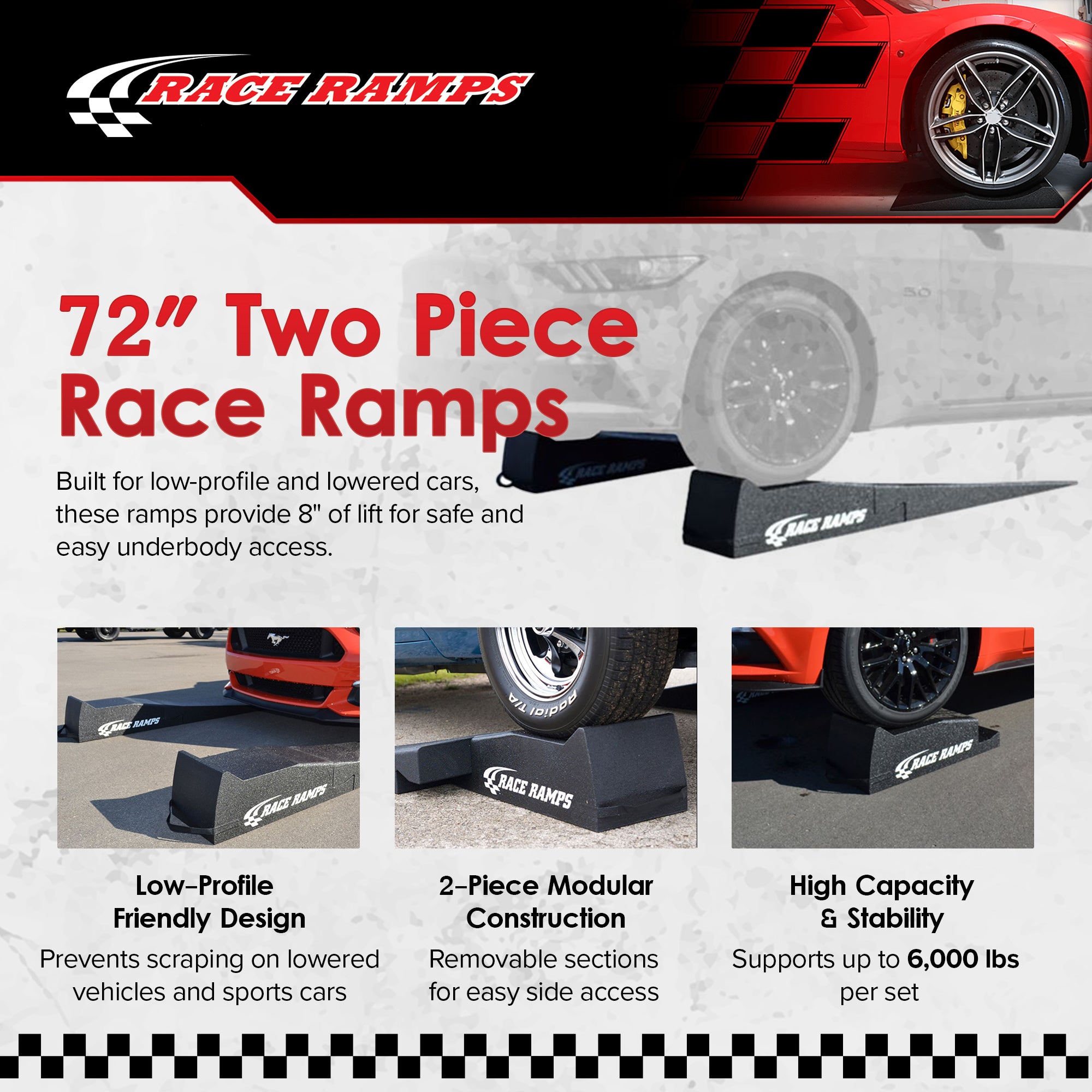 Race Ramps Lightweight Car Service Ramps for 10" Lift, Anti-Slip, RR-72-2, Black - VMInnovations