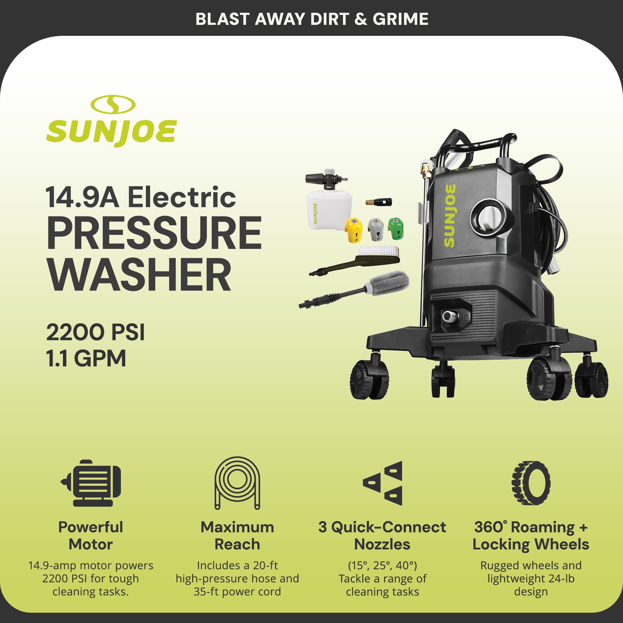 Sun Joe 14.9A Electric Pressure Washer w/Wheels & 7Pc Accessory Kit (Open Box) - VMInnovations