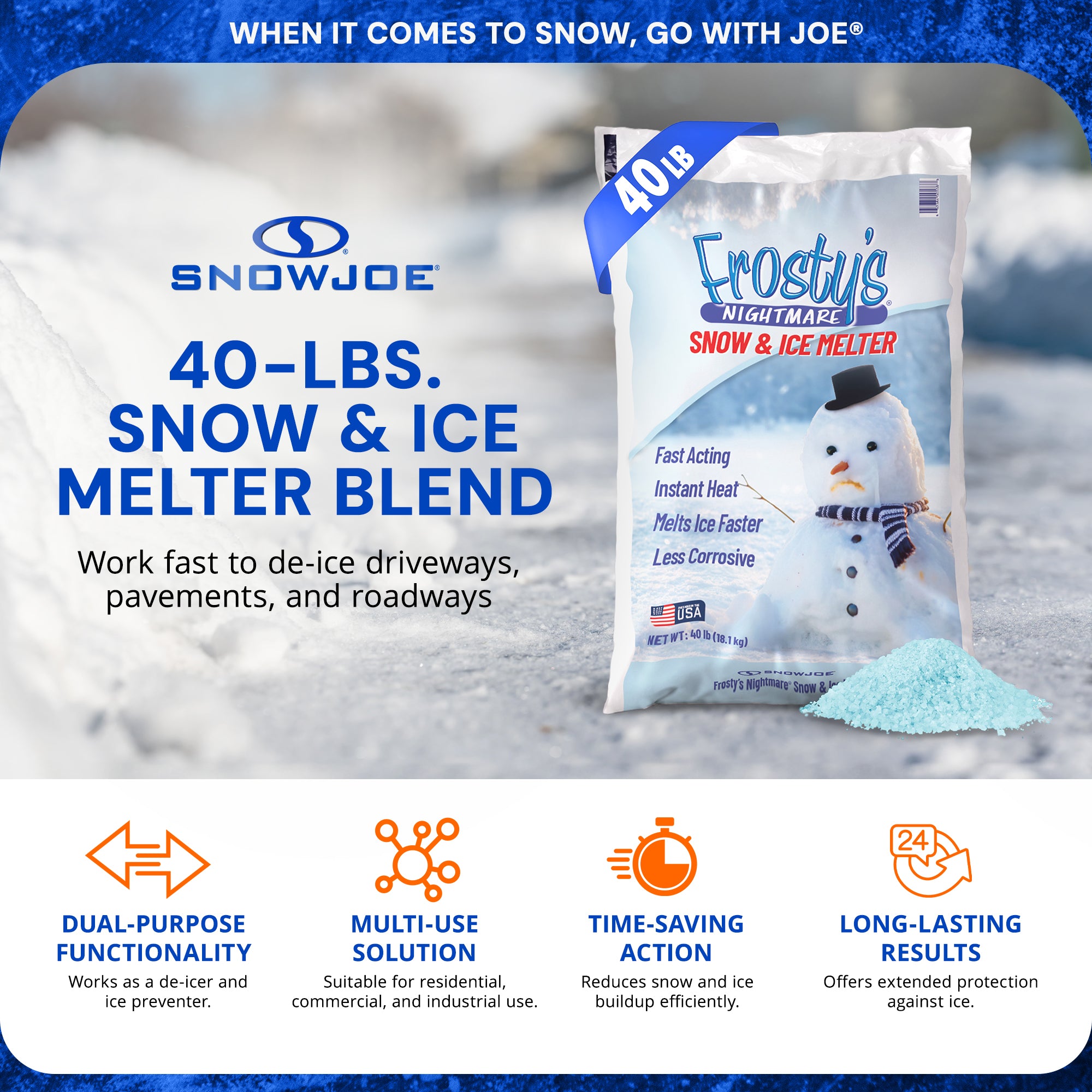 Snow Joe Exclusive Frosty's Nightmare Snow & Ice Melter Blend Pellets - 40 Lb Bag - Ice Remover for Driveway, Concrete, Sidewalk, and Outdoor Spaces