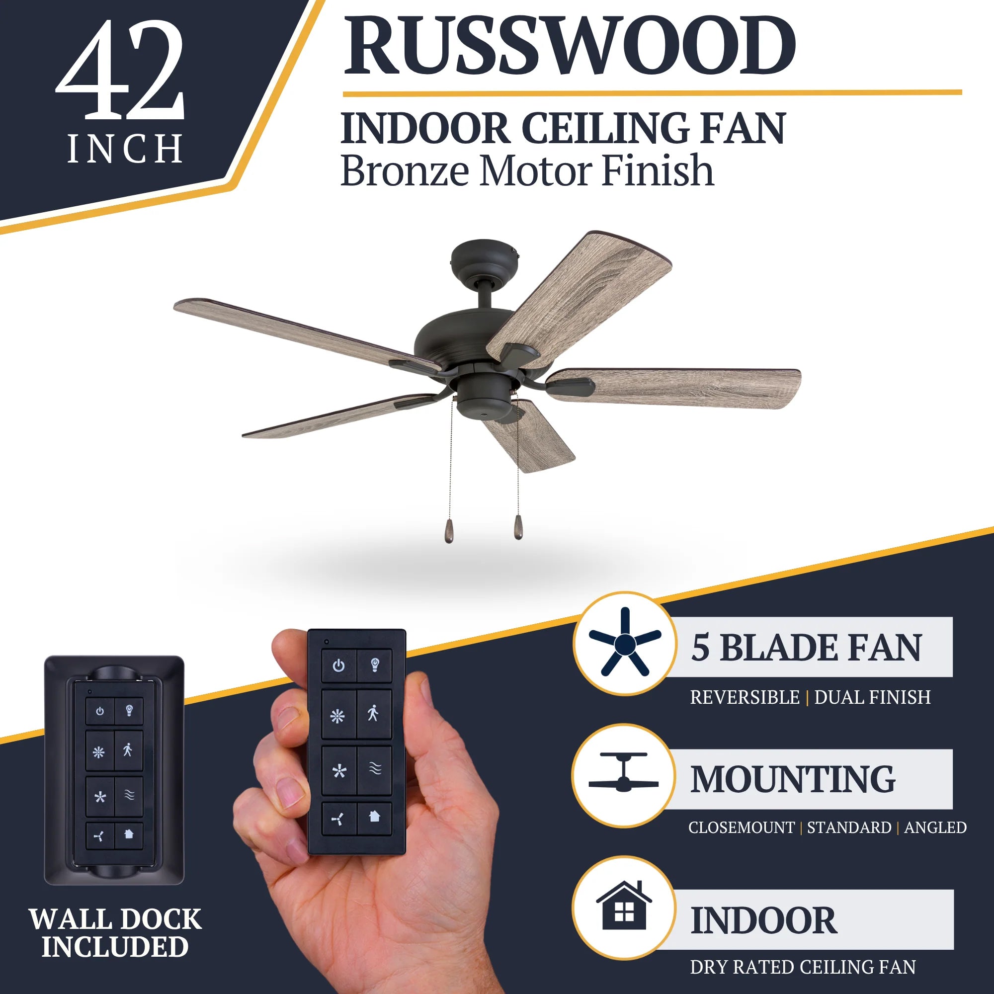 Prominence Home Russwood 42 Inch Farmhouse Ceiling Fan with No Light, Bronze - VMInnovations