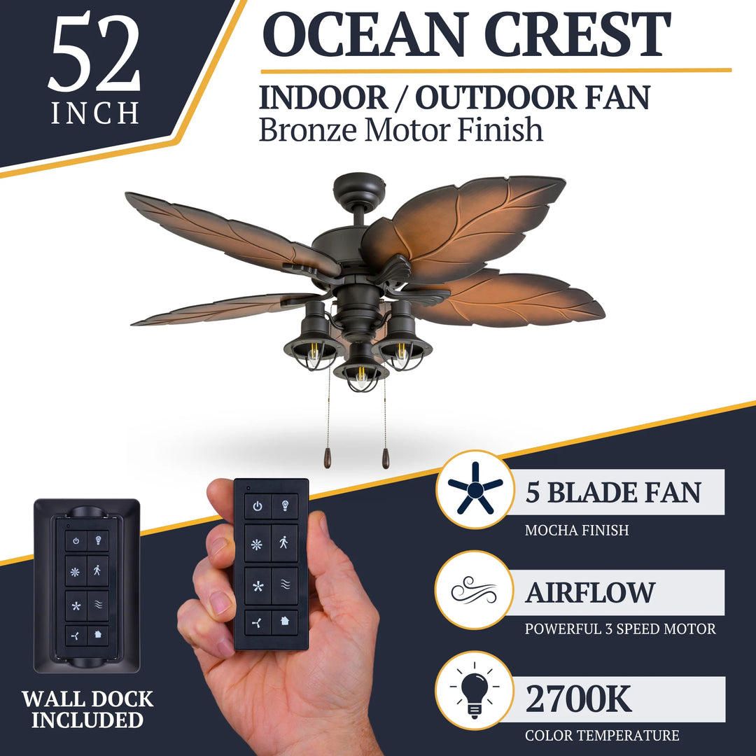 Prominence Home Ocean Crest 52" Tropical Indoor or Outdoor ceiling Fan, Bronze - VMInnovations