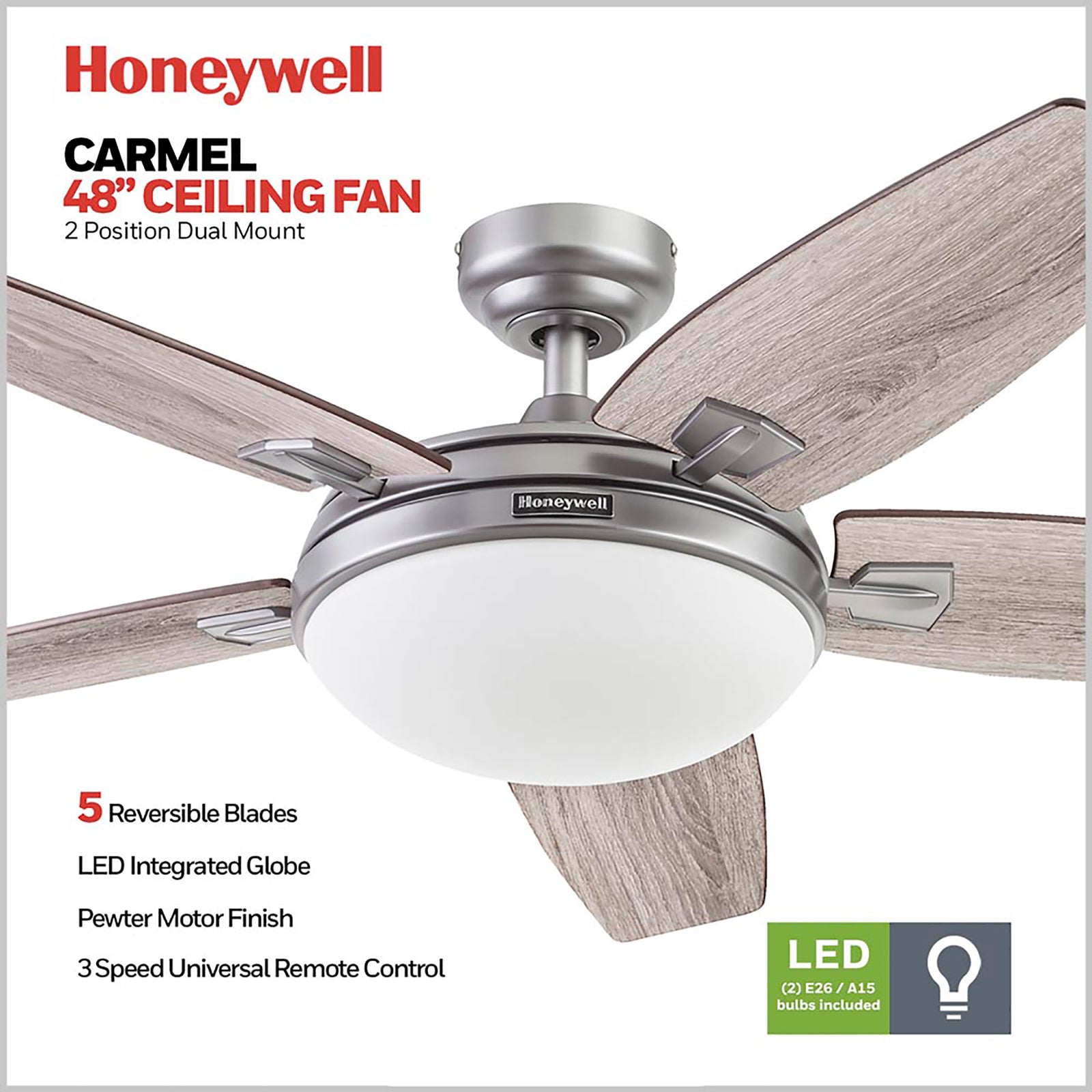 Honeywell Carmel Ceiling Fan, Quiet Motor and Remote Control, 48", Matte Nickel - VMInnovations