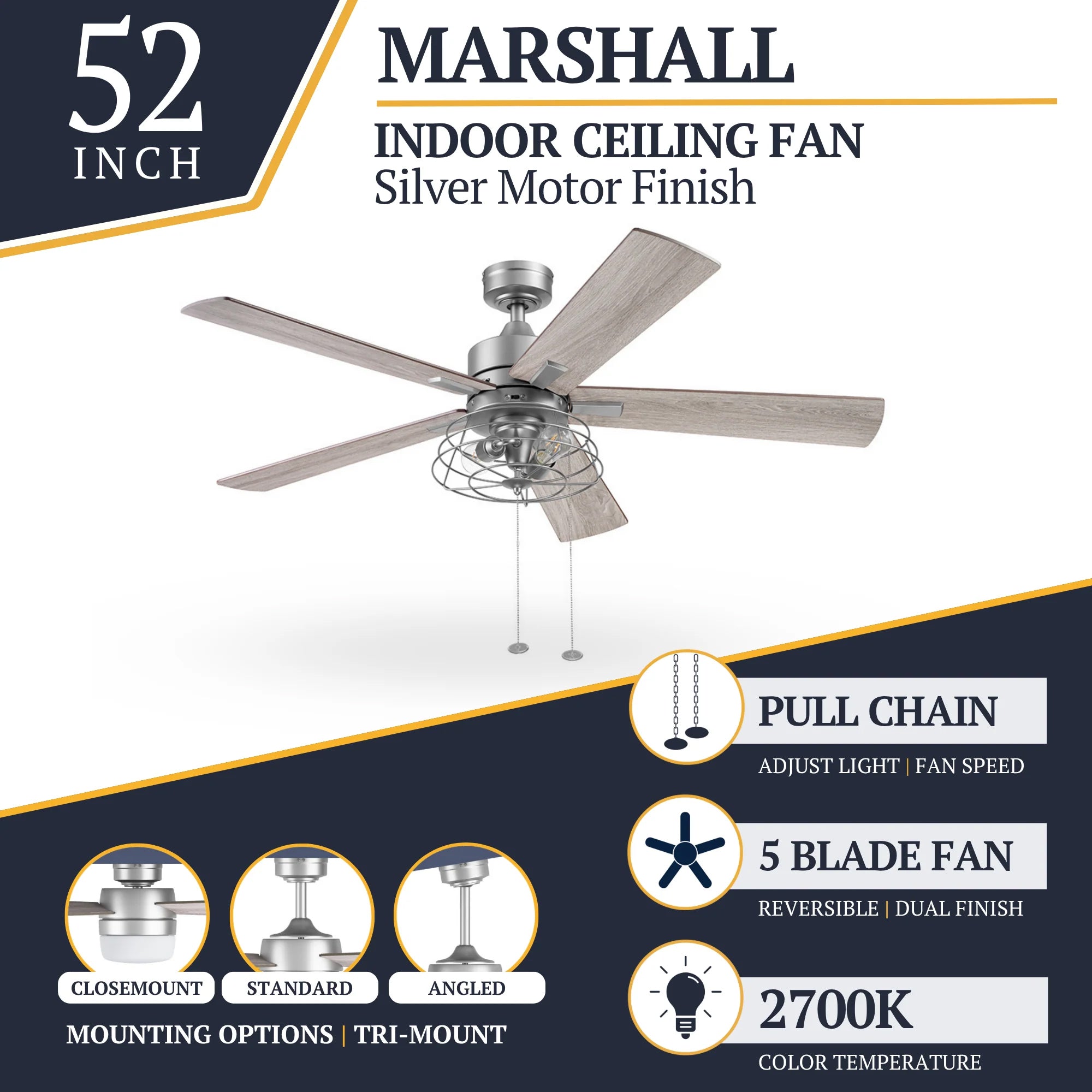 Prominence Home 52" Industrial Ceiling Fa, LED Light Pull Chain Marshall, Pewter - VMInnovations