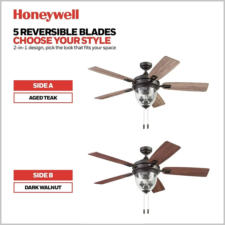 Honeywell Glencrest Ceiling Fan, Quite Motor and Pull Chain Control, 52", Bronze - VMInnovations