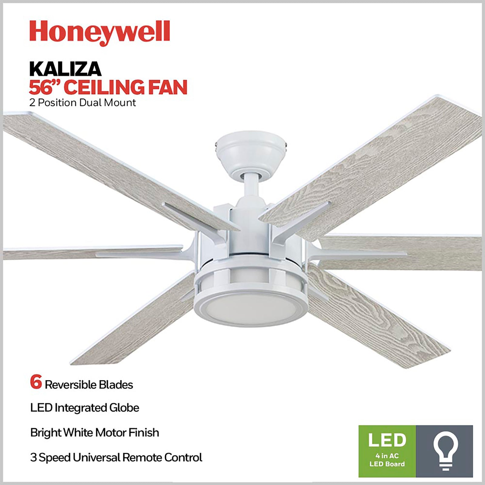 Honeywell Kaliza Ceiling Fan, Quiet Motor and Remote Control, 56", Bright White - VMInnovations