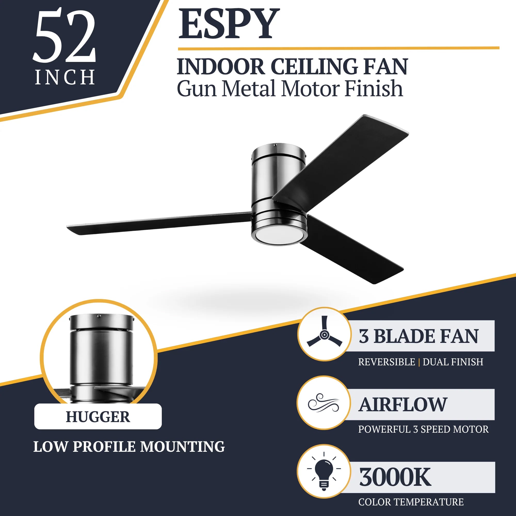 Prominence Home 52" Ceiling Fan, LED Light, Remote, Flush Mount, Espy, Gun Metal - VMInnovations