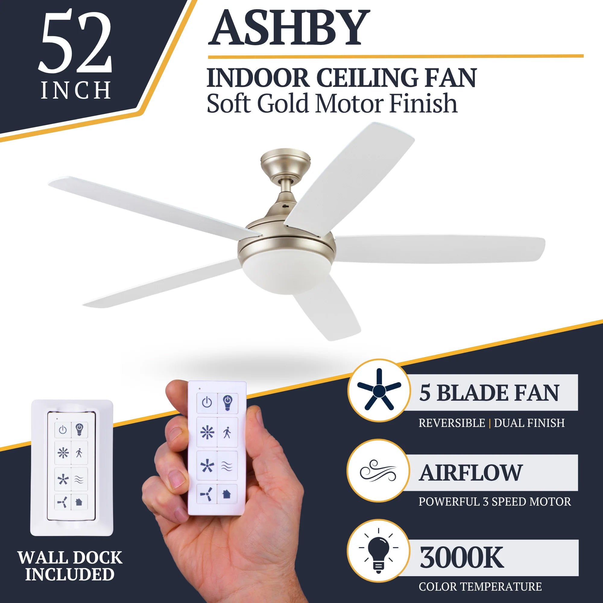 Prominence Home 52" Modern Ceiling Fan, Light, Remote Control Indoor (For Parts)