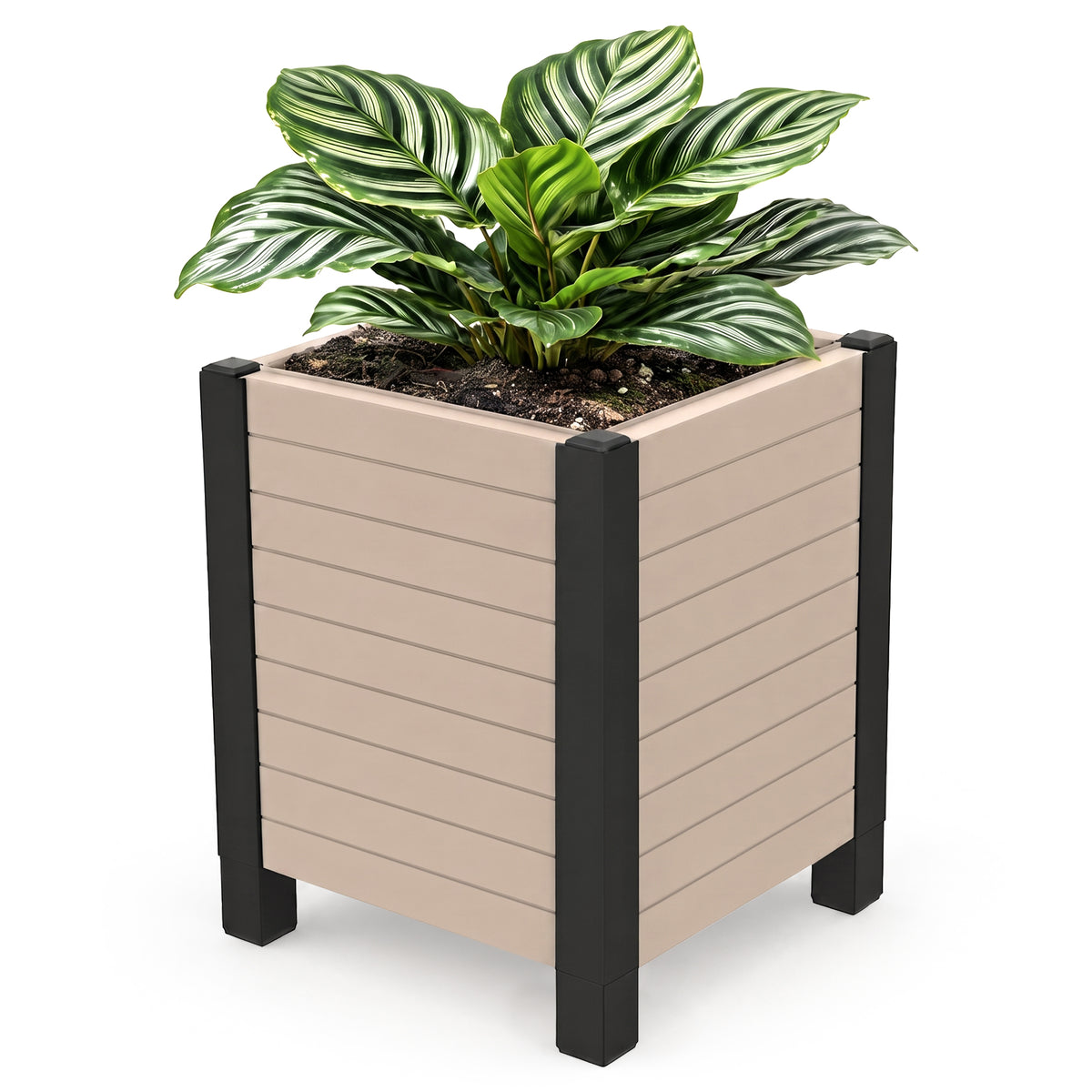 Tierra Verde 17-Inch x 17-Inch Flora Cube Planter Box for Patios or Decks, Khaki