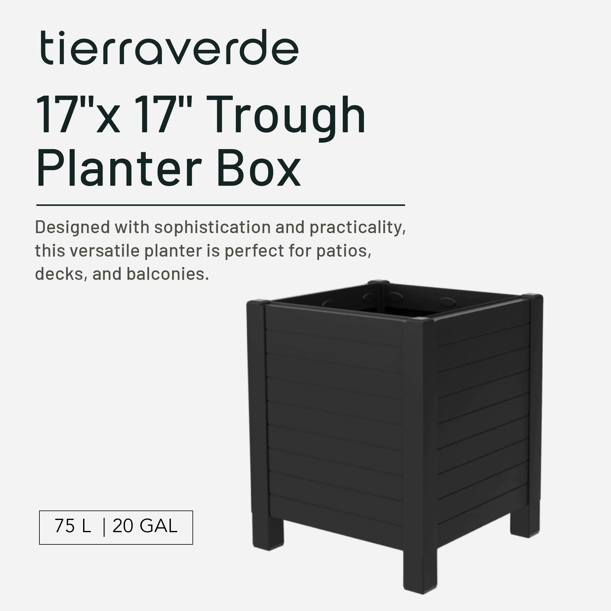Tierra Verde 17-Inch x 17-Inch Flora Cube Planter Box for Patios or Decks, Black - VMInnovations