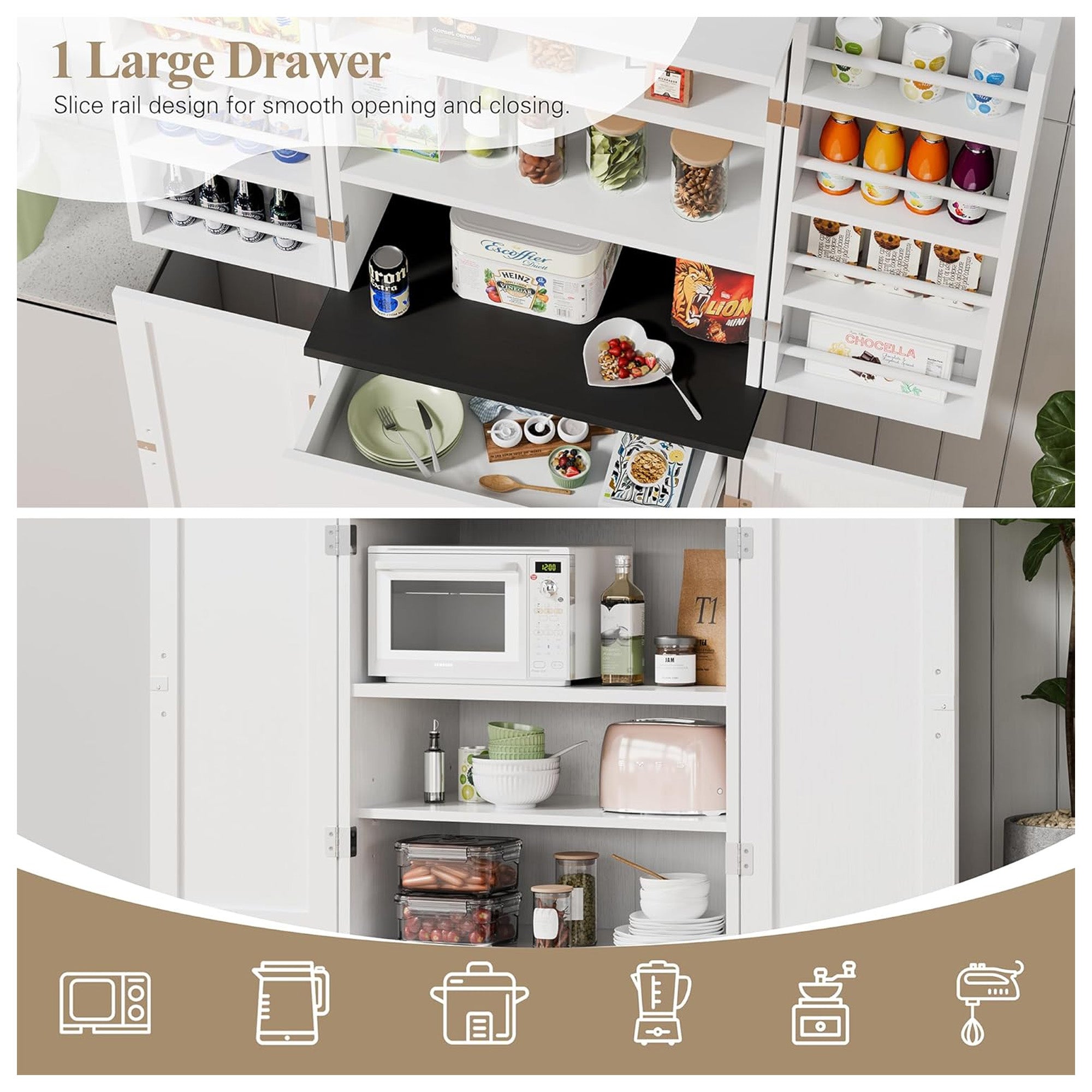 Vongrasig 6-Tier Kitchen Pantry Cabinet w/Barn Doors, Drawer & Shelves (Used) - VMInnovations