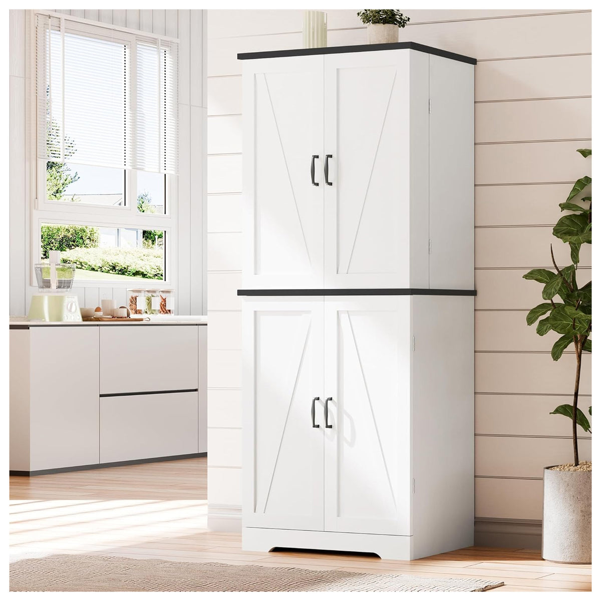 Vongrasig 6-Tier Kitchen Pantry Cabinet w/Barn Doors, Drawer & Shelves (Used) - VMInnovations