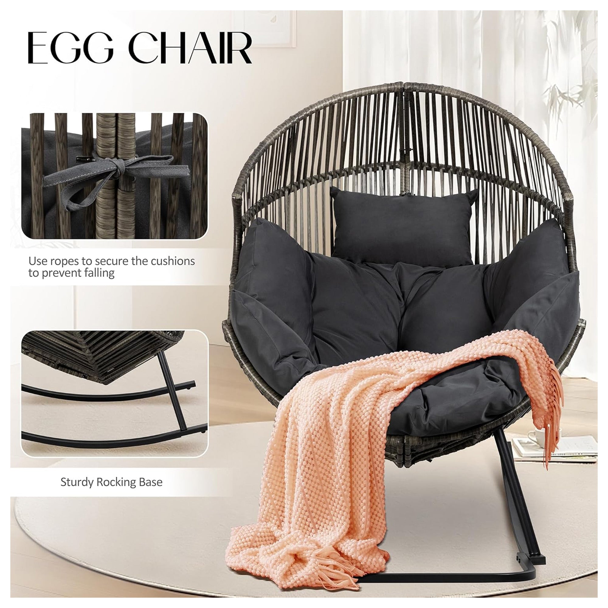 JAMFLY Egg Chair Outdoor Rocking Chair, Wicker Oversized Lounger (For Parts) - VMInnovations