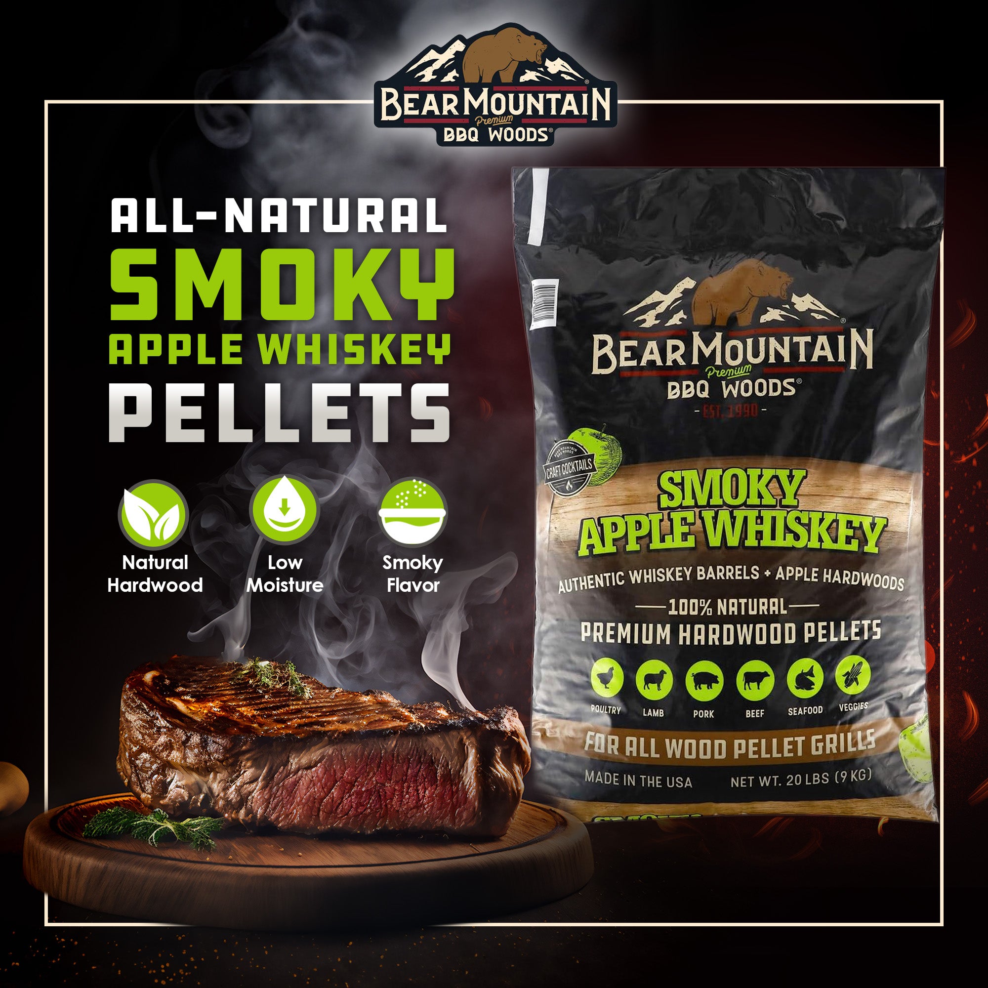 Bear Mountain BBQ All-Natural Smoky Apple Whiskey Smoker Pellets, 20 Lb Bag - VMInnovations