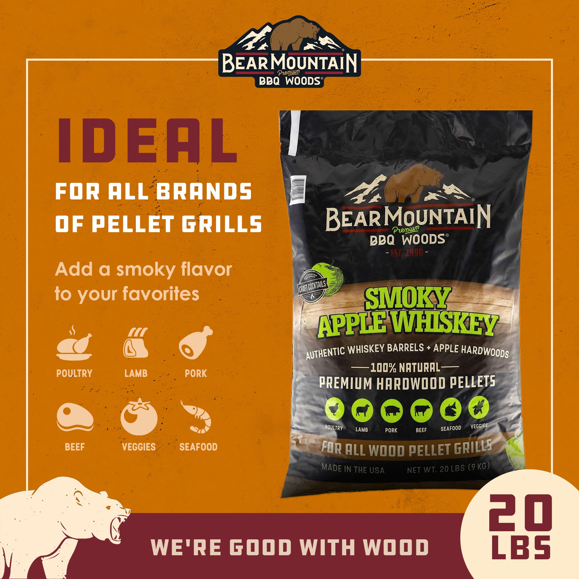Bear Mountain BBQ All-Natural Smoky Apple Whiskey Smoker Pellets, 20 Lb Bag - VMInnovations