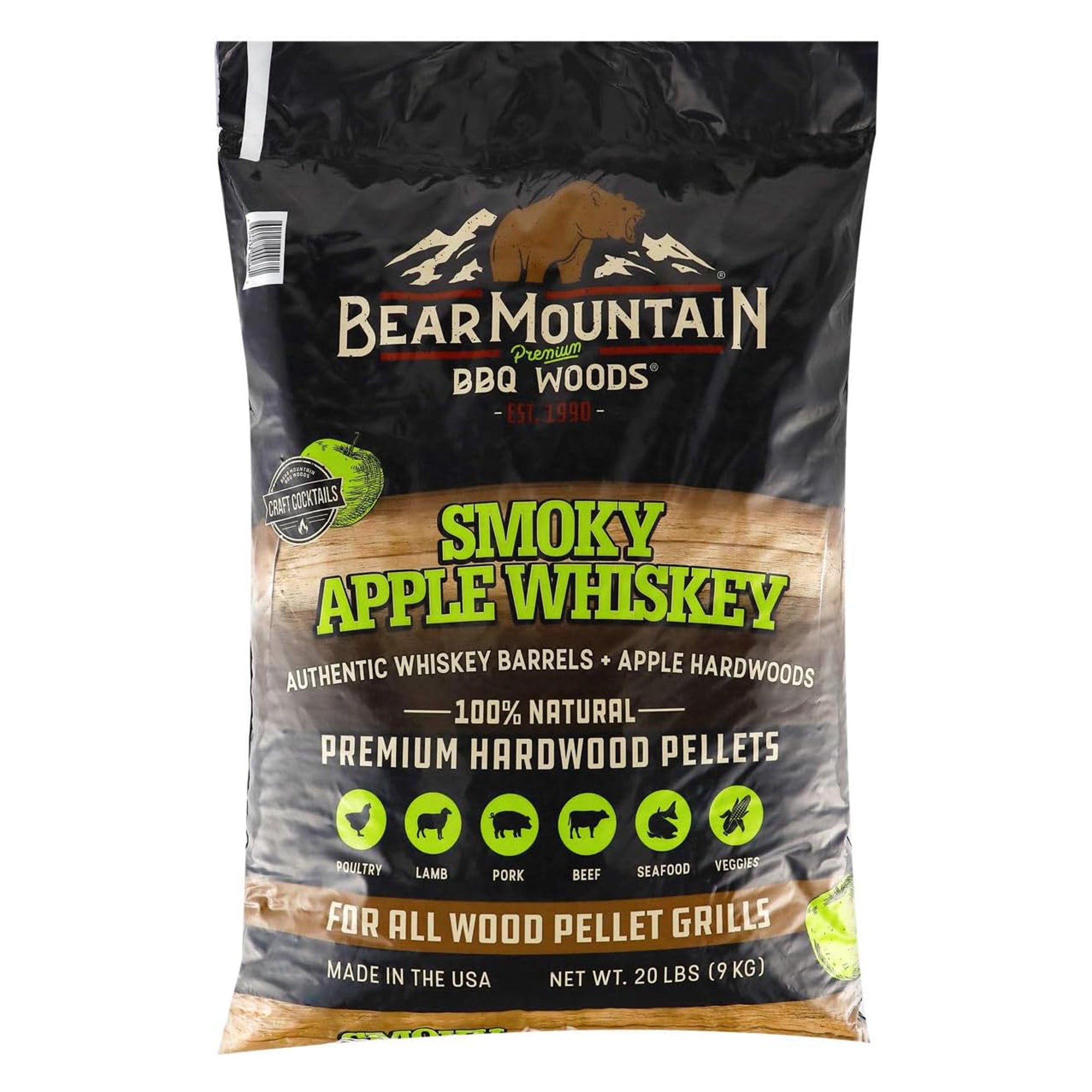 Bear Mountain BBQ All-Natural Smoky Apple Whiskey Smoker Pellets, 20 Lb Bag - VMInnovations