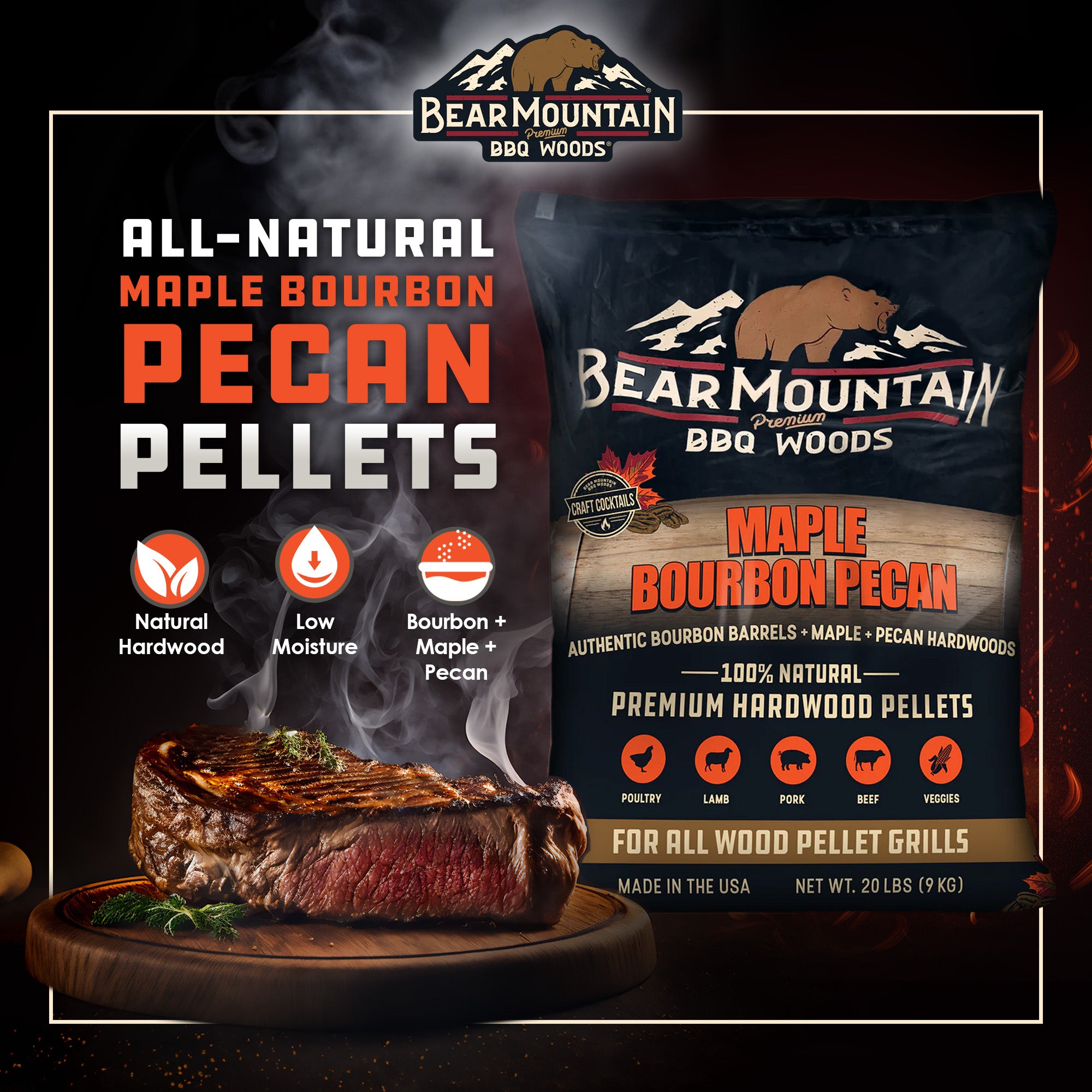 Bear Mountain BBQ All-Natural Maple Bourbon Pecan Smoker Pellets, 20 Lb Bag - VMInnovations