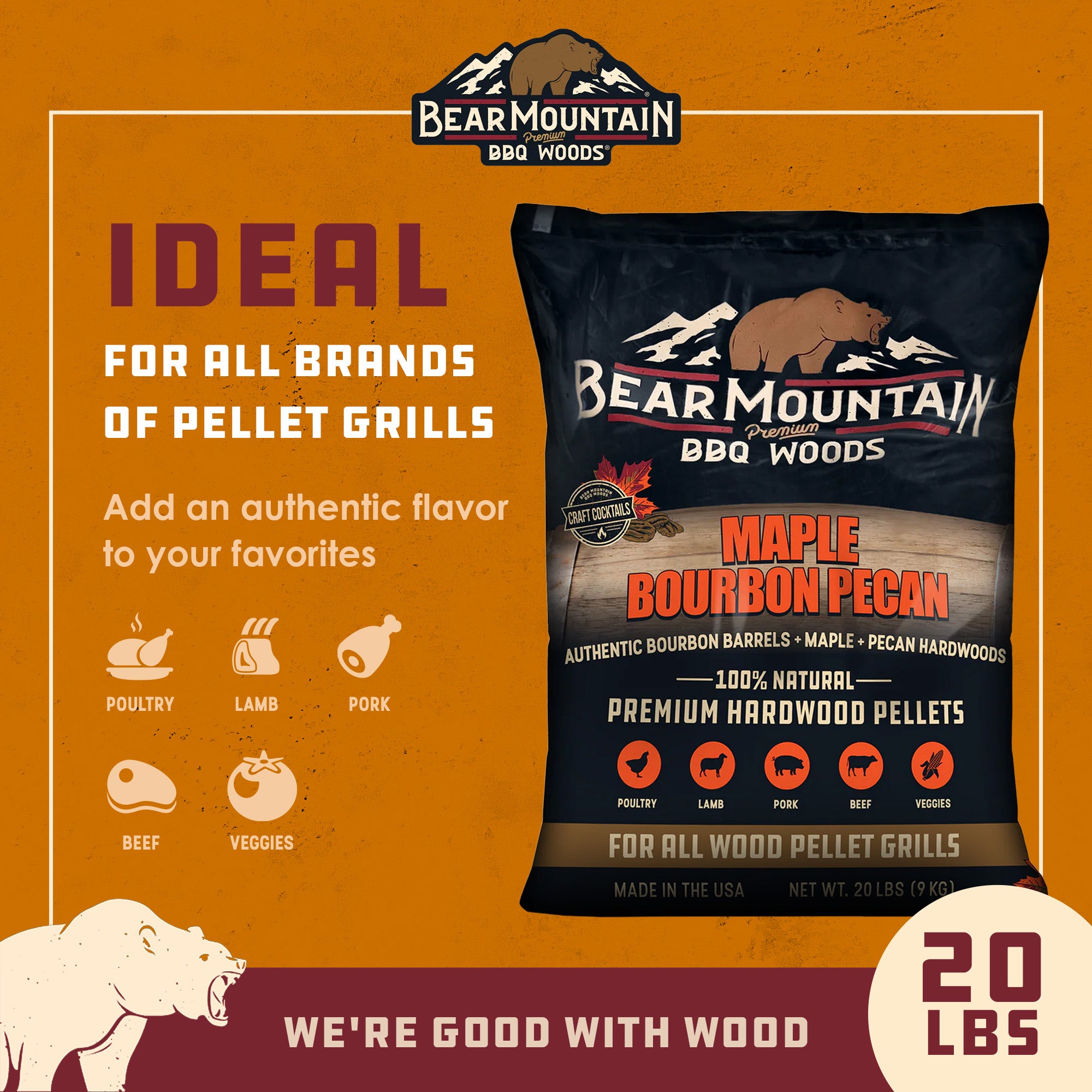 Bear Mountain BBQ All-Natural Maple Bourbon Pecan Smoker Pellets, 20 Lb Bag - VMInnovations