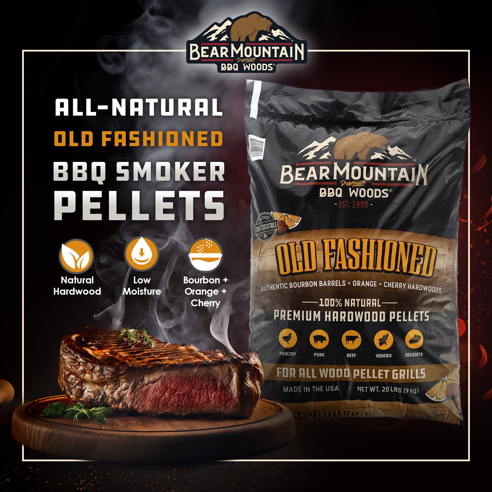 Bear Mountain BBQ All-Natural Old Fashioned Hardwood Smoker Pellets, 20 Lb Bag - VMInnovations