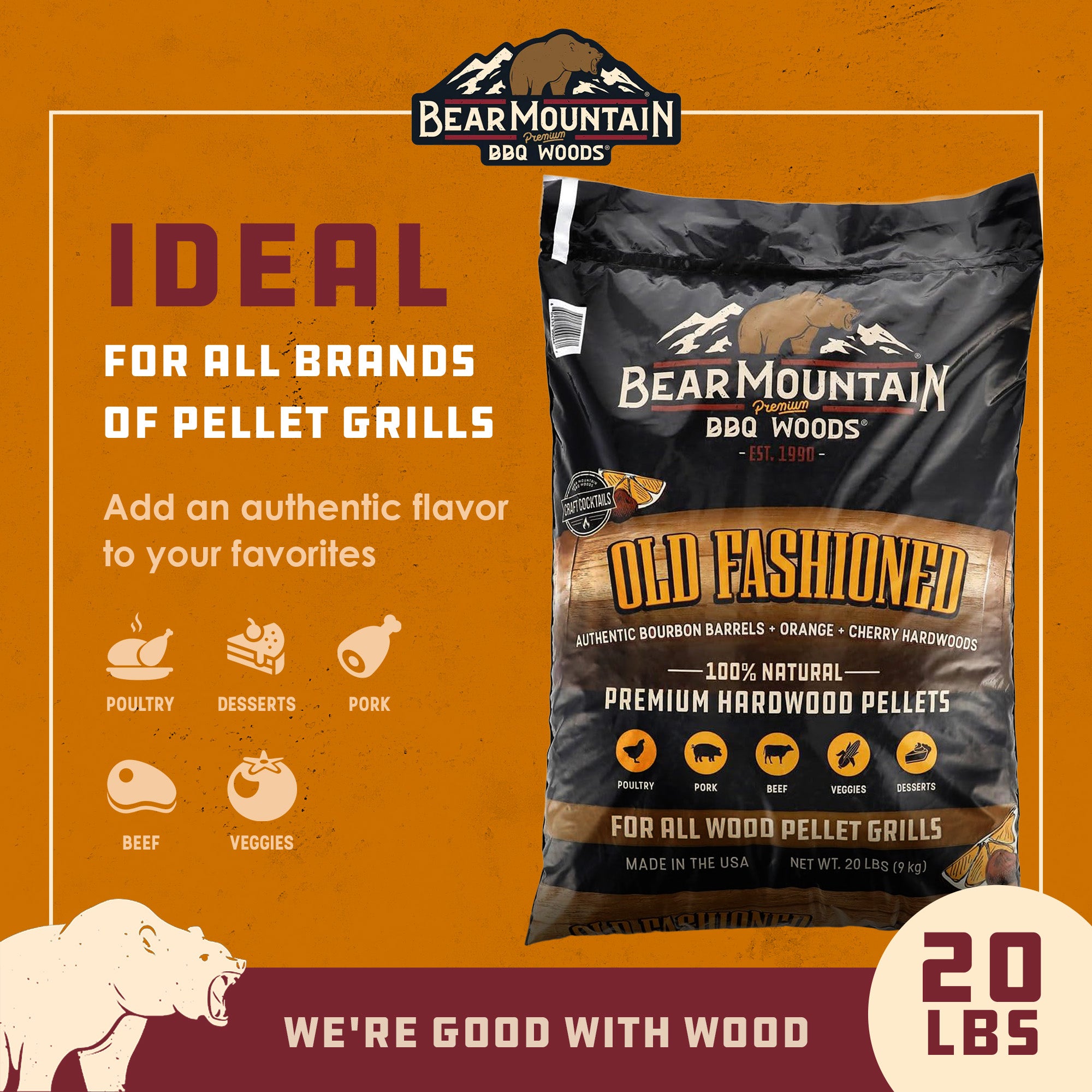 Bear Mountain BBQ All-Natural Old Fashioned Hardwood Smoker Pellets, 20 Lb Bag - VMInnovations