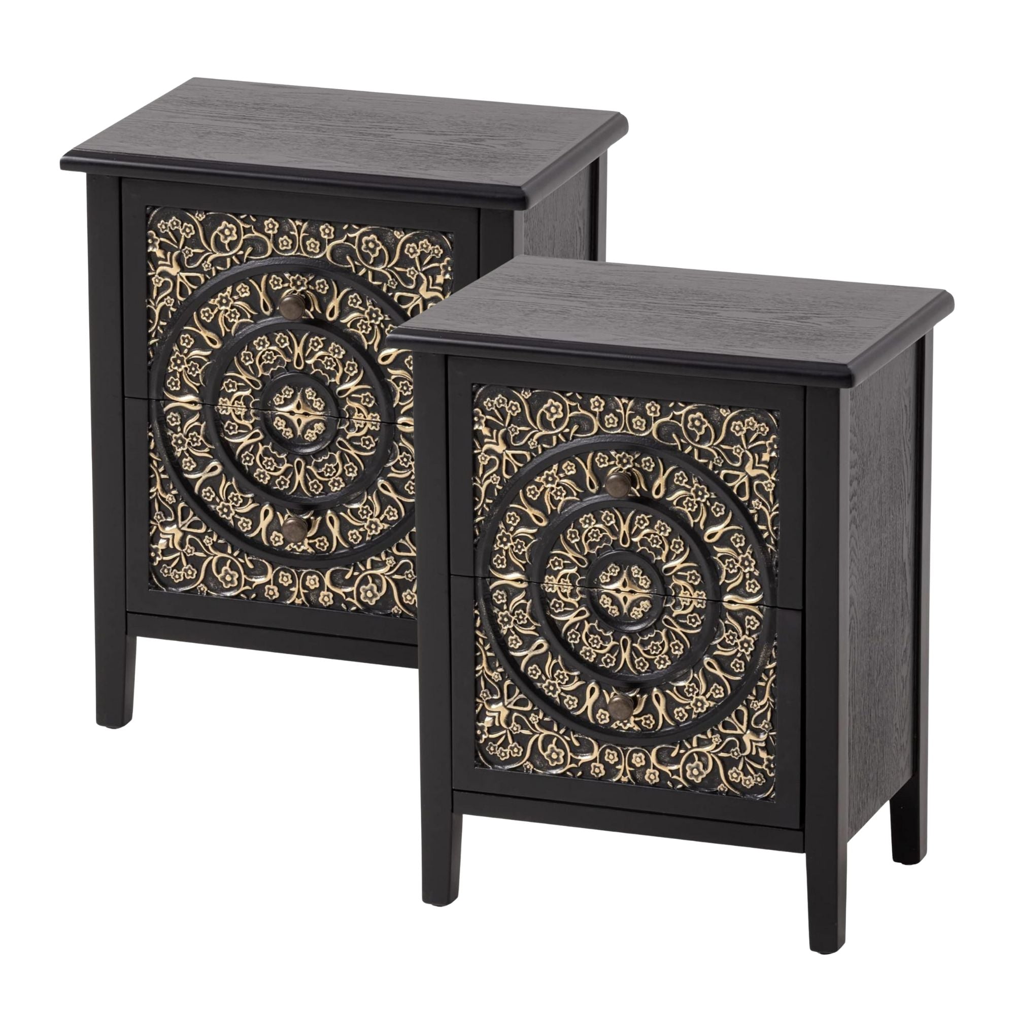 COZAYH Farmhouse 2 Drawer Bedroom Nightstand w/ Embossed Flower Motif, Set of 2 - VMInnovations