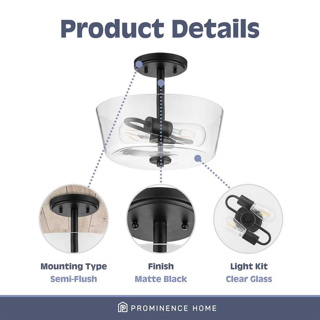 Prominence Home 2 Light Ceiling Fixture Clear Glass Lighting 13" Viktoria, Black - VMInnovations