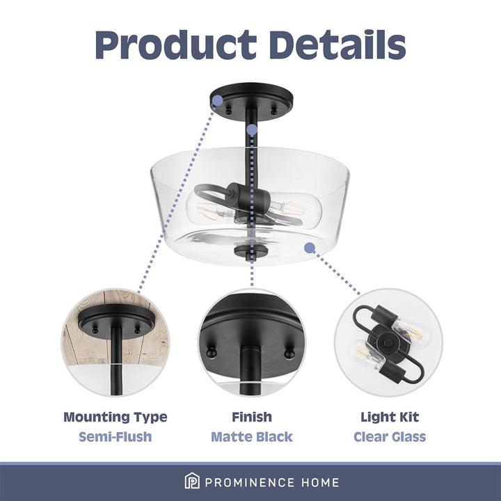 Prominence Home 2 Light Ceiling Fixture Clear Glass Lighting 13" Viktoria, Black - VMInnovations
