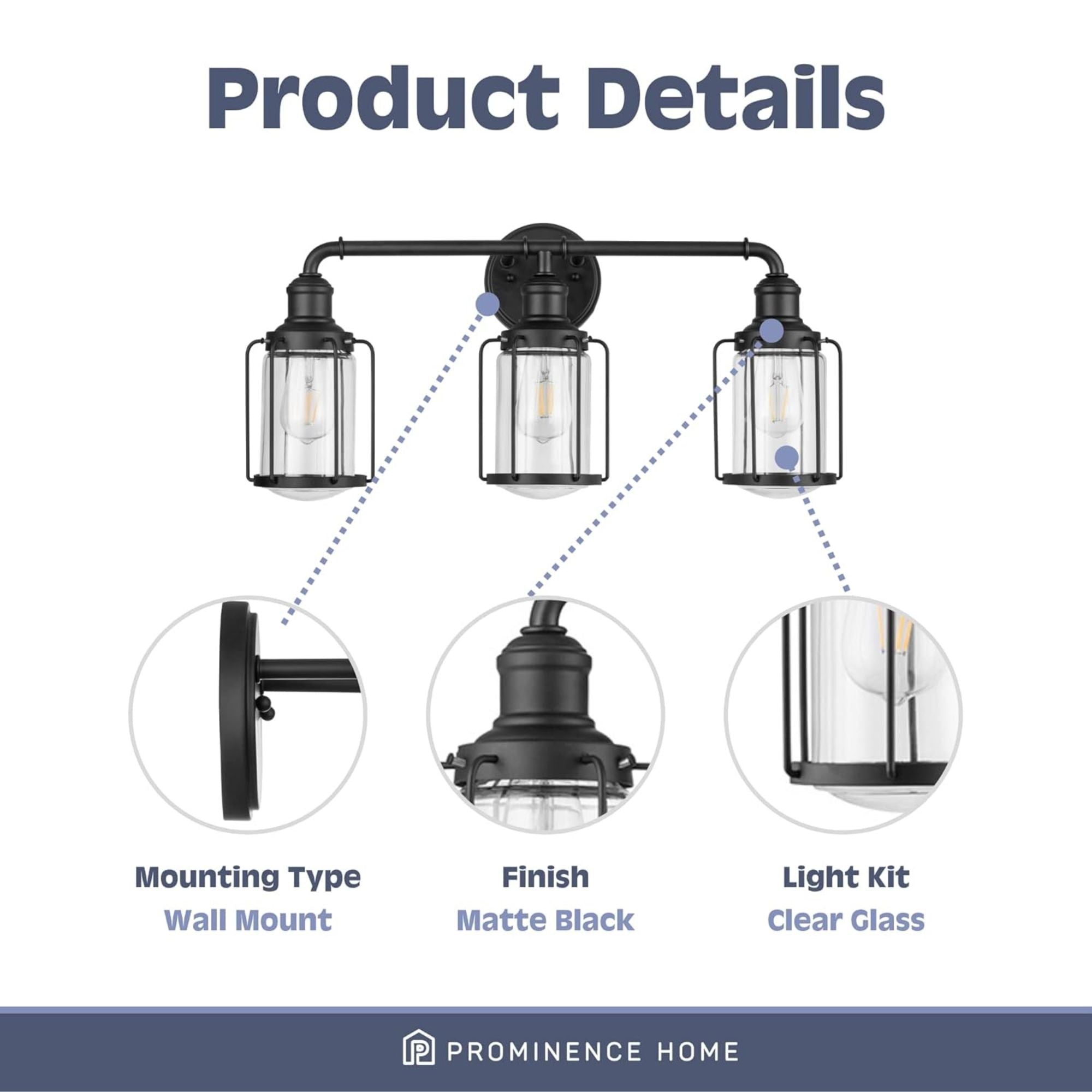 Prominence Home Lincoln Woods 3 Light Industrial Bathroom Vanity Light, Black - VMInnovations