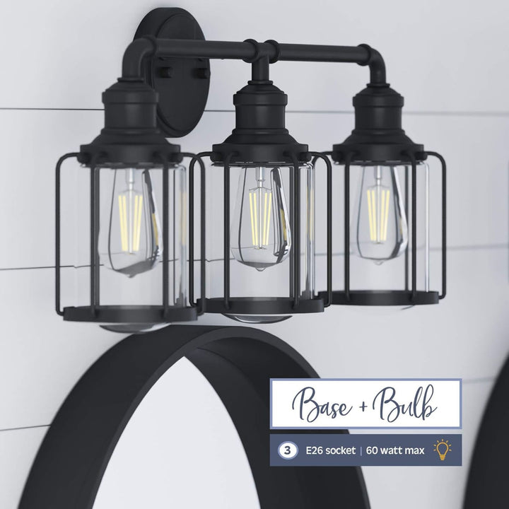 Prominence Home Lincoln Woods 3 Light Industrial Bathroom Vanity Light, Black - VMInnovations