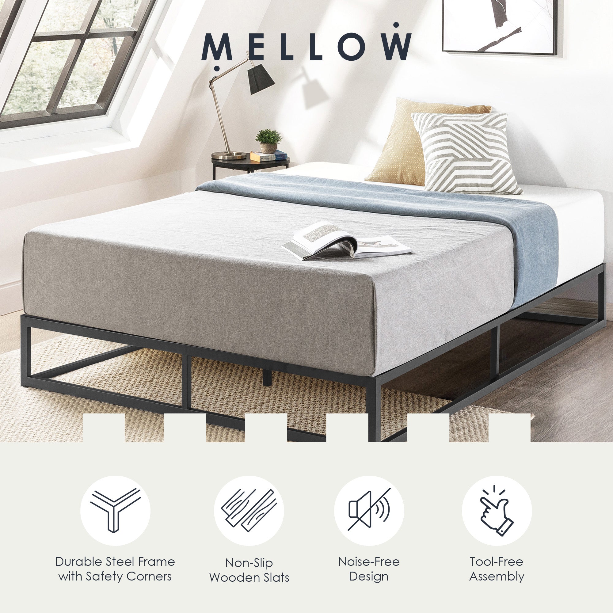 Mellow 10" Metal Platform Bed Frame w/Slat Foundation, King (Open Box) - VMInnovations