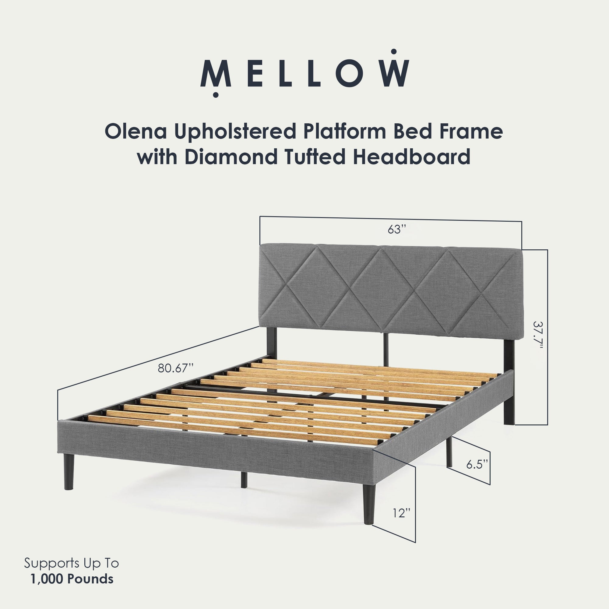 Mellow Olena Upholstered Platform Bed Frame with Diamond Tufted Headboard, Queen - VMInnovations