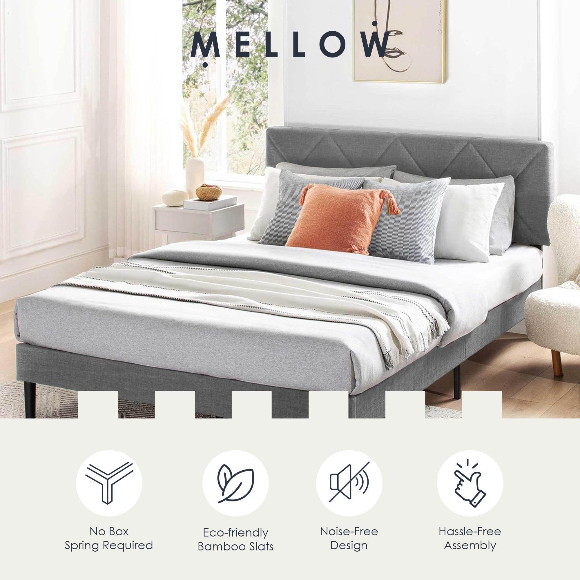 Mellow Olena Upholstered Platform Bed Frame with Diamond Tufted Headboard, Queen - VMInnovations