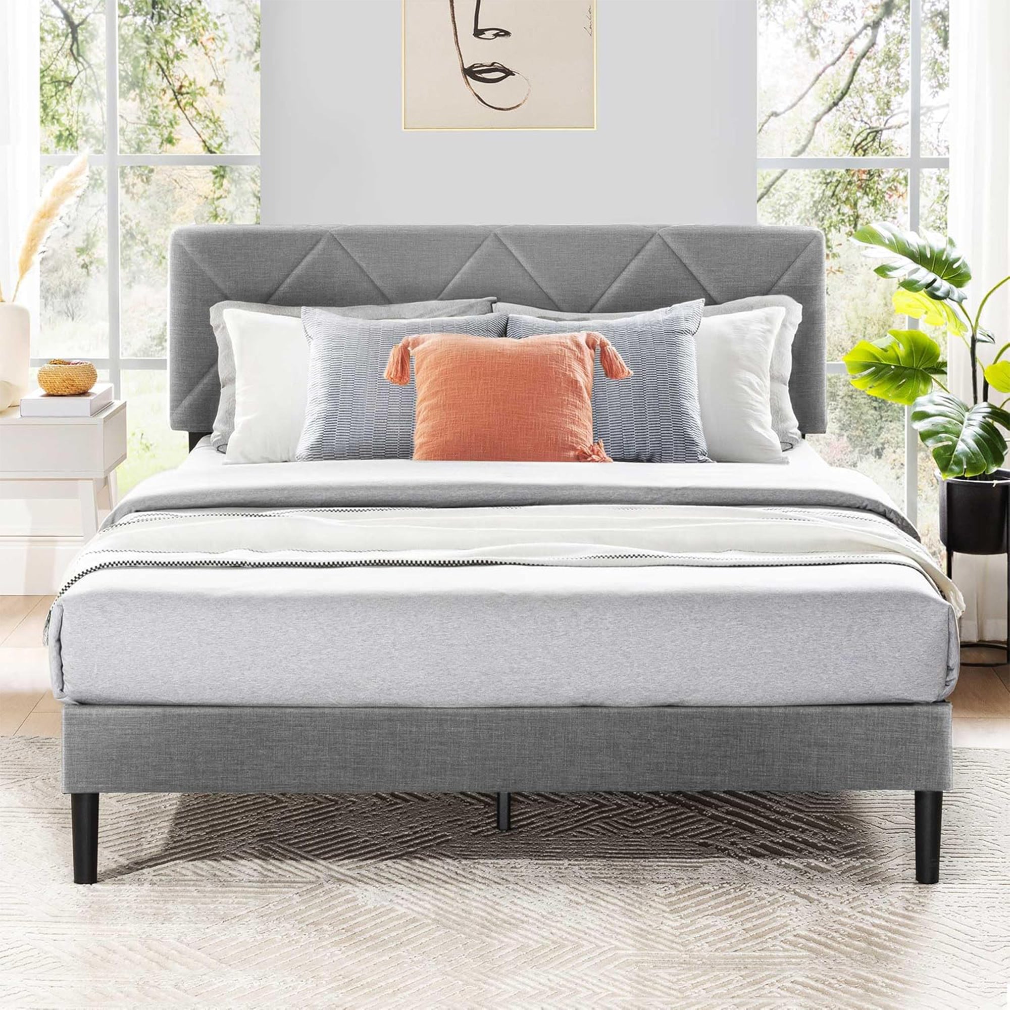 Mellow Olena Upholstered Platform Bed Frame with Diamond Tufted Headboard, Queen - VMInnovations