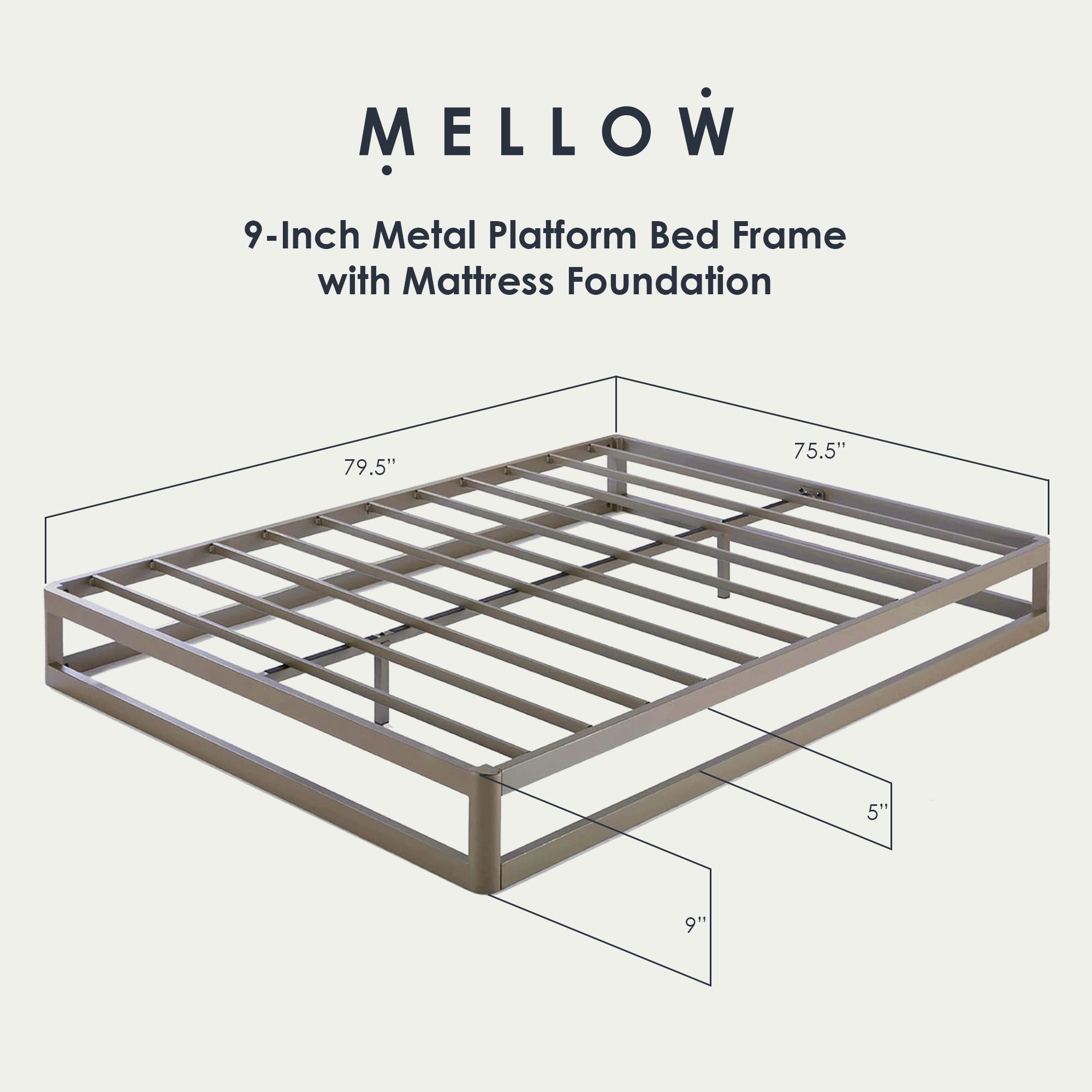 Mellow 9-Inch Metal Platform Bed Frame with Mattress Foundation, King, Gray - VMInnovations