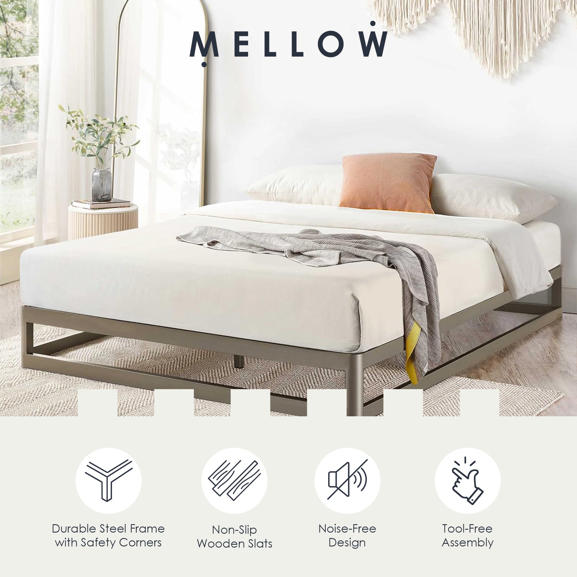 Mellow 9-Inch Metal Platform Bed Frame with Mattress Foundation, King, Gray - VMInnovations