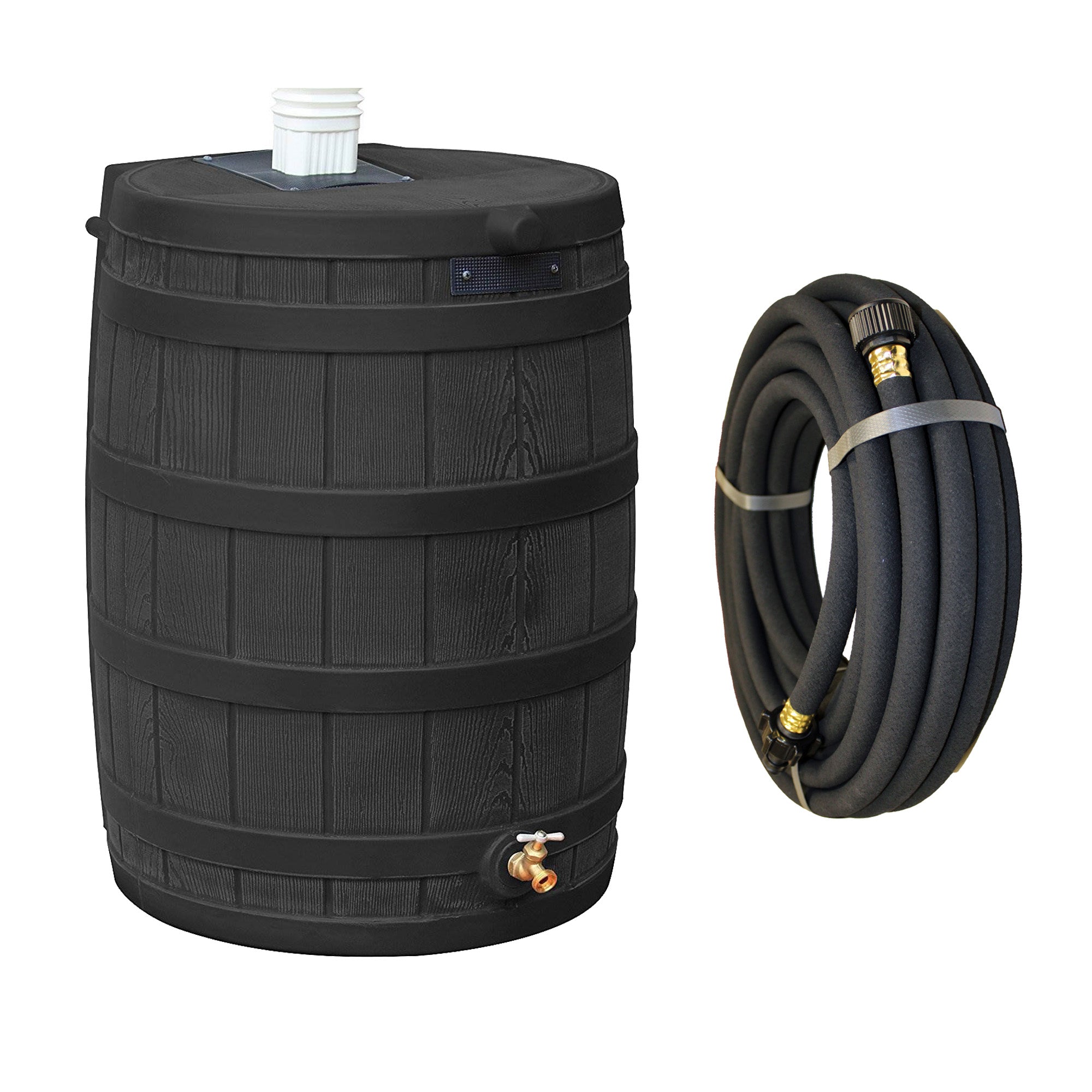 Good Ideas Rain Wizard 50 Gallon Plastic Rain Barrel, Black with 50' Soaker Hose - VMInnovations