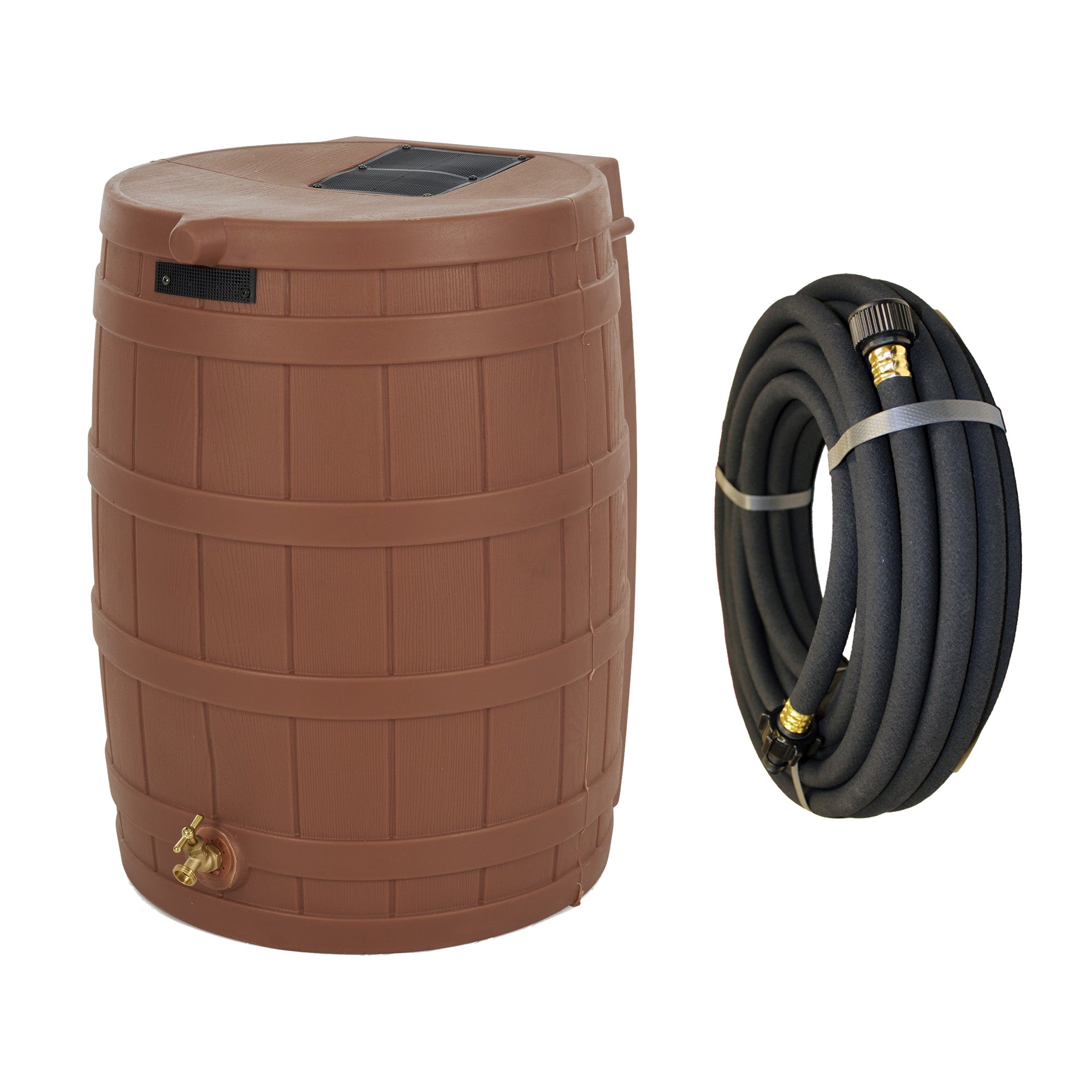 Good Ideas Rain Wizard 50 Gal Plastic Rain Barrel, Terra Cotta & 50' Soaker Hose - VMInnovations