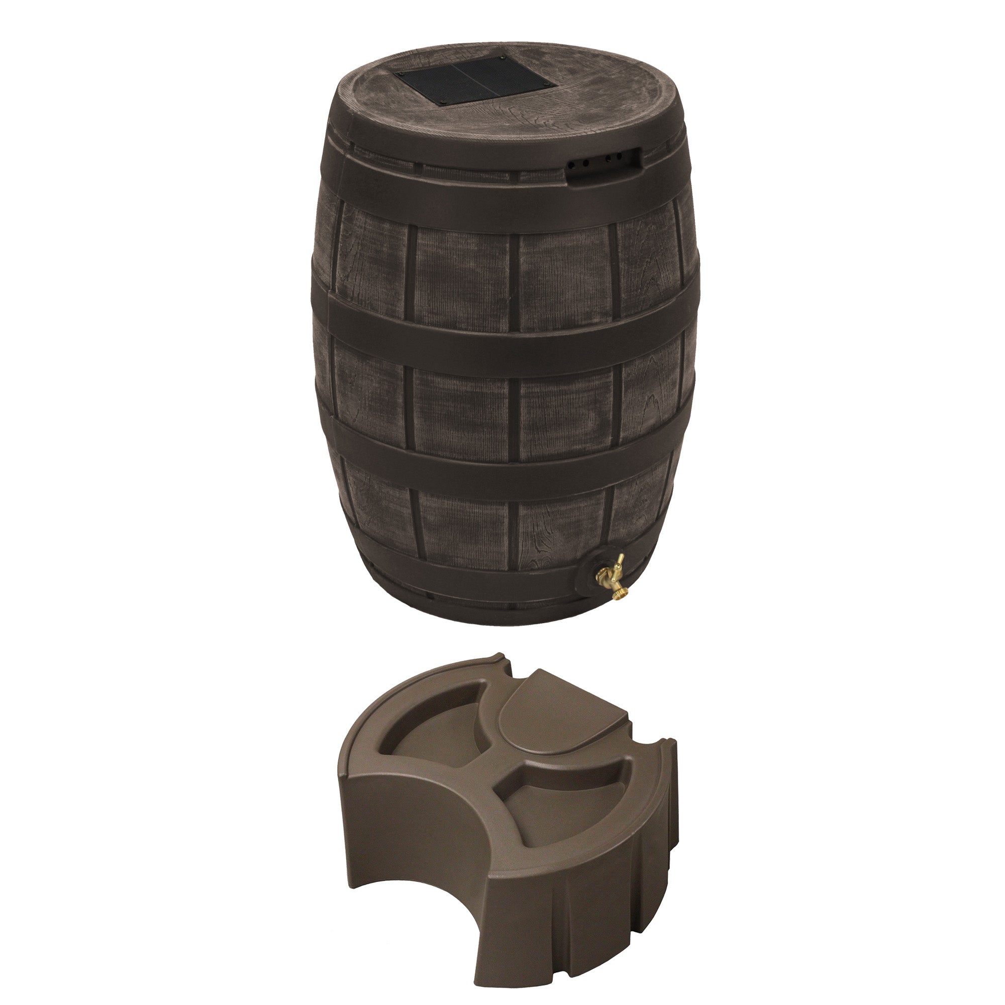 Good Ideas Vault 50 Gallon Plastic Rain Barrel Bundled with 50 Gal Stand, Oak