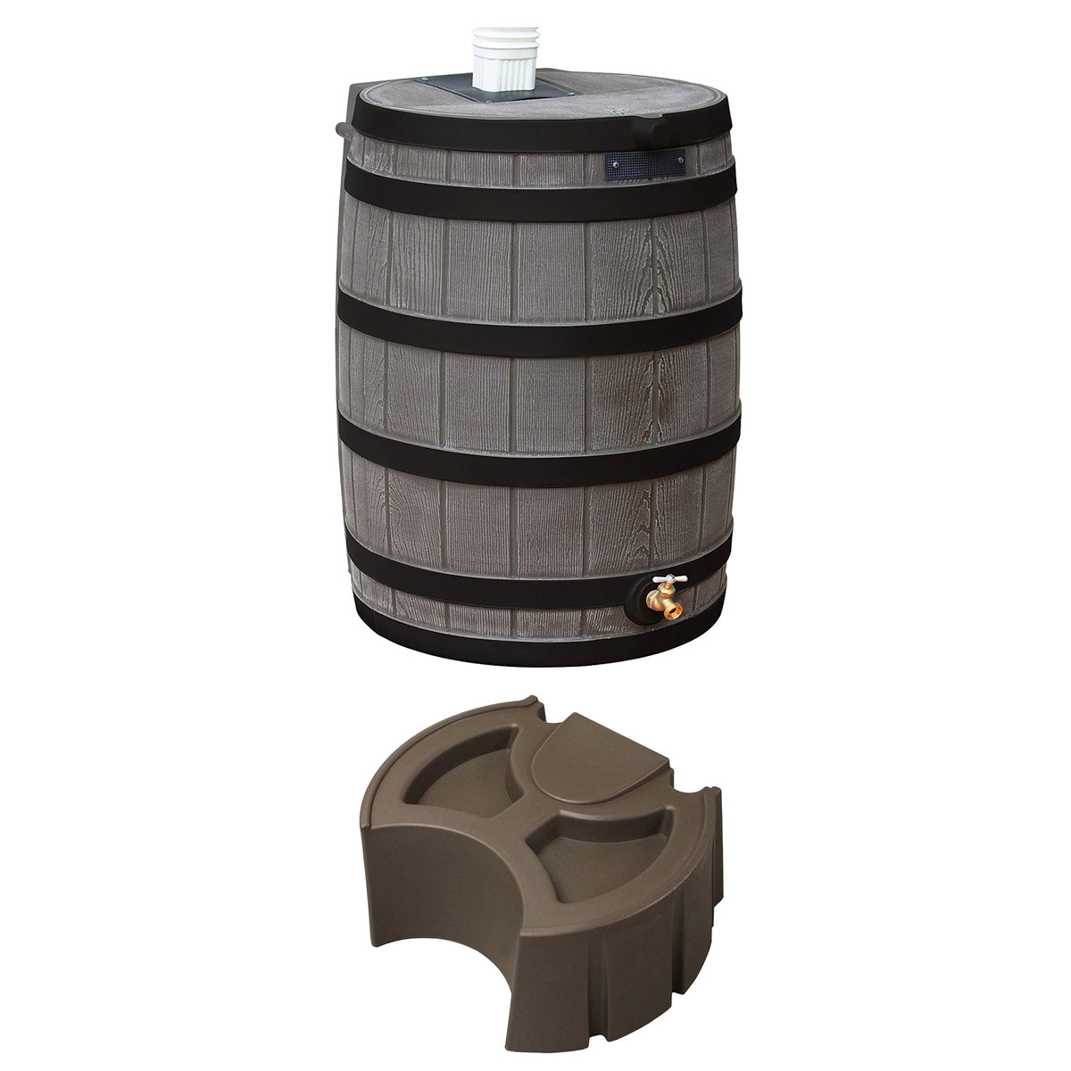 Good Ideas Rain Wizard 50 Gal Rain Barrel, Darkened Ribs Bundled with Stand, Oak