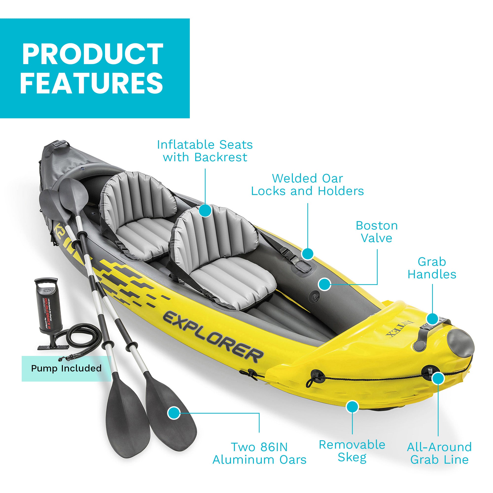 Intex Explorer K2 2-Person Inflatable Kayak Set with Oars and Air Pump, Yellow