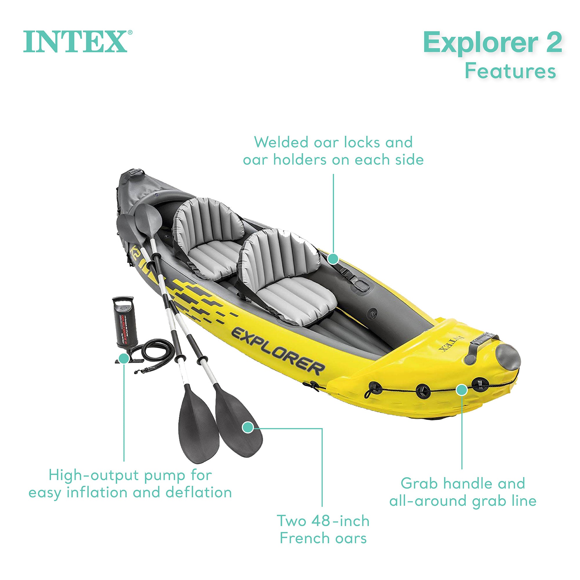 Intex Explorer K2 2-Person Inflatable Kayak Set w/ Oars & Air Pump,Yellow (Used) - VMInnovations