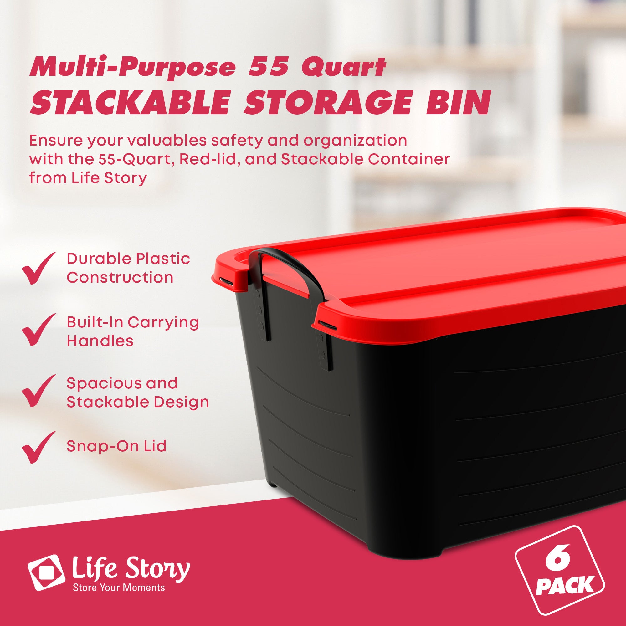 Life Story 55 Quart Stackable Storage Bin, Heavy Duty Lidded Container, 6 Pack - VMInnovations
