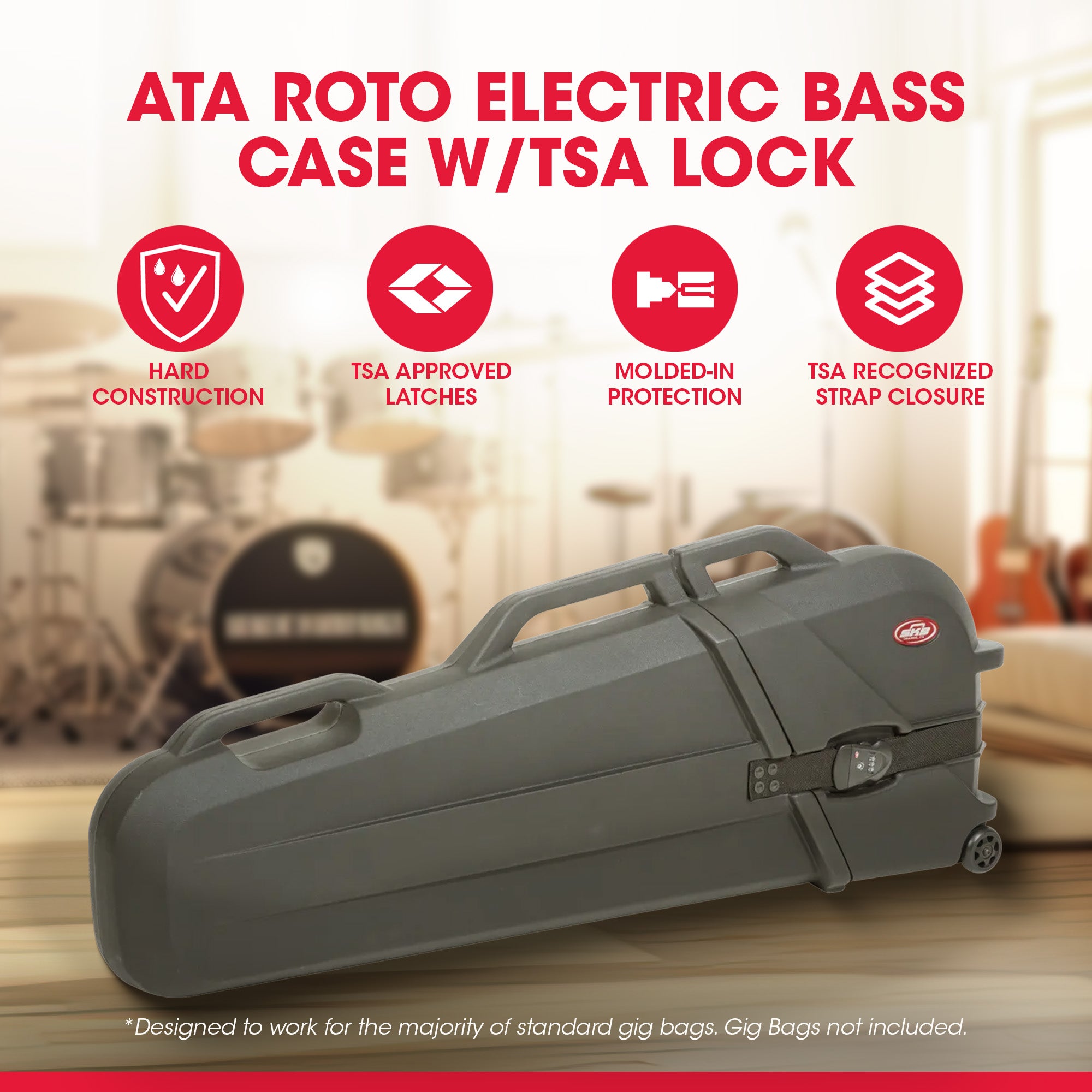 SKB ATA Roto Electric Bass Guitar Hard Case with TSA Locking Latches, Black - VMInnovations