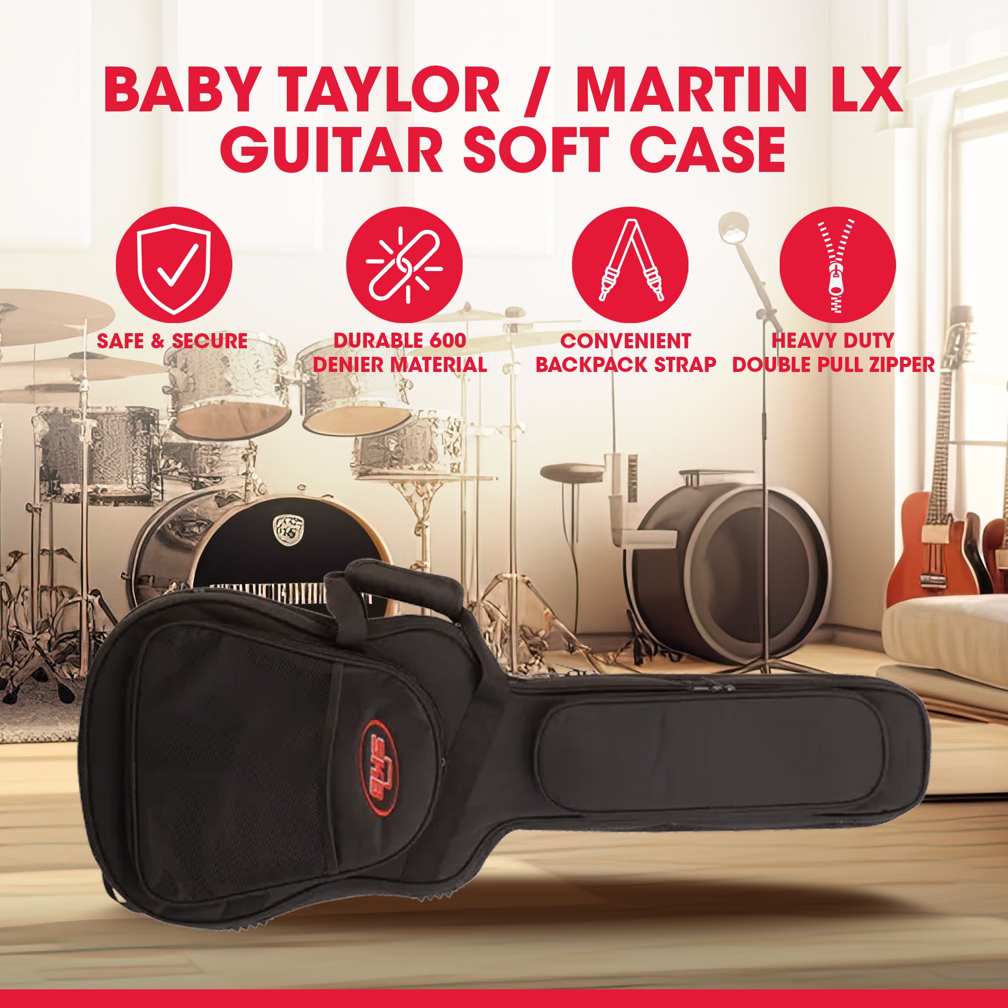 SKB Baby Taylor, Martin LX Acoustic Guitar Soft Case with Foam Protection, Black - VMInnovations