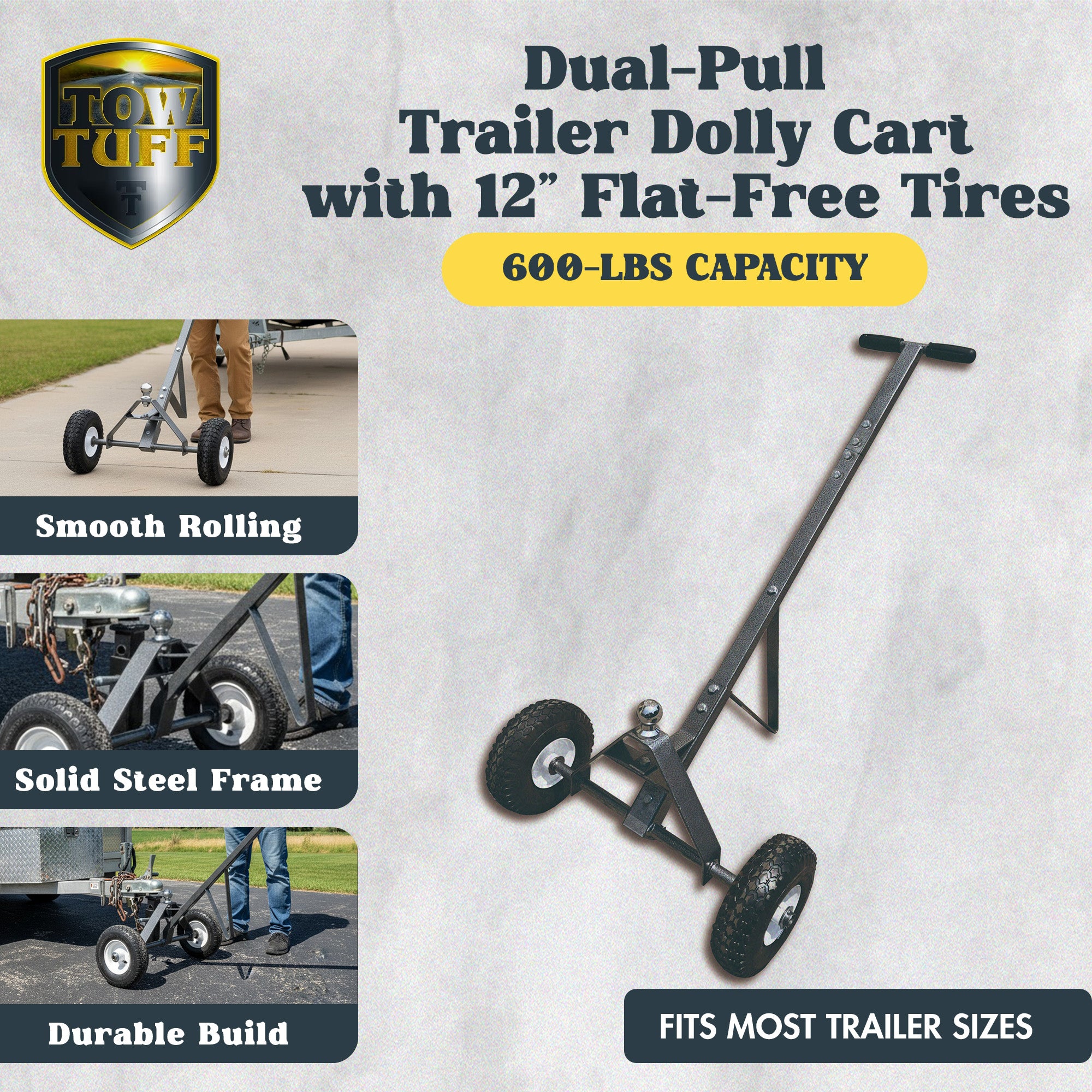 Tow Tuff Dual-Pull Trailer Dolly Cart with 12 Inch Flat-Free Tires (Open Box) - VMInnovations