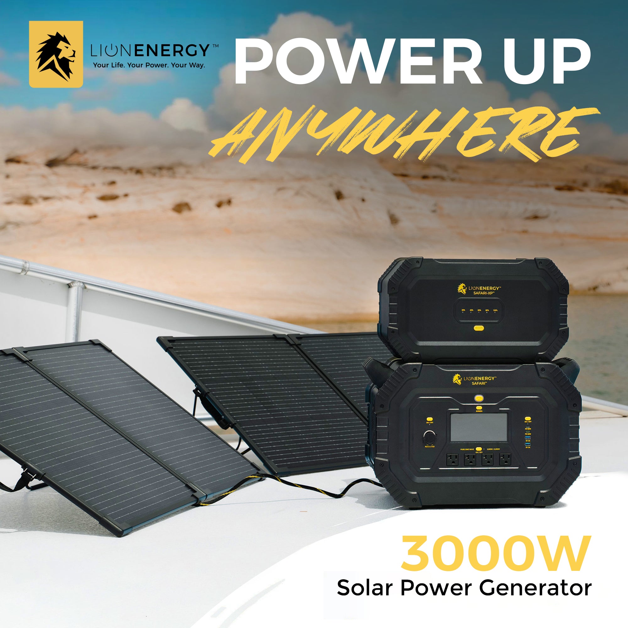 Lion Energy Safari Solar Power Generator, Multiple Outputs, 3,000 Watts, Black