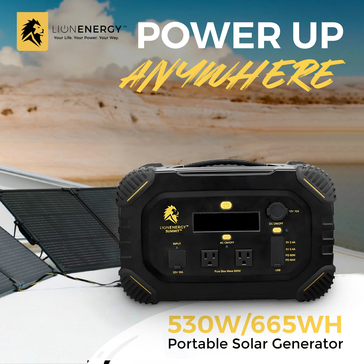 Lion Energy Summit Portable Solar Generator Power Station, 665 Wh, 530W Inverter