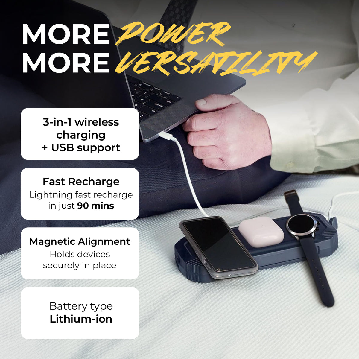 Lion Energy Eclipse 3-in-1 Wireless & USB Charger for Phone, Ear Buds & Watch