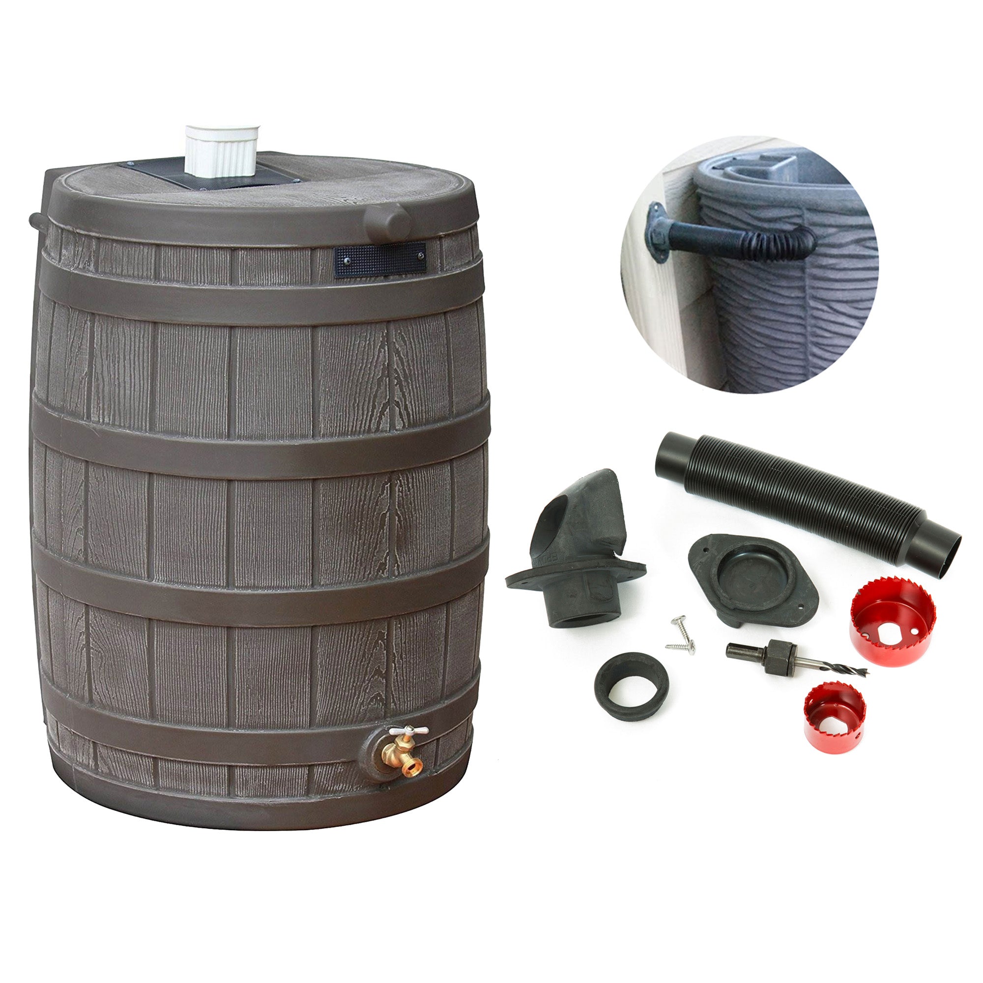 Good Ideas Rain Wizard 50 Gal Rain Barrel Collector, Oak & Diverter Flex Kit - VMInnovations