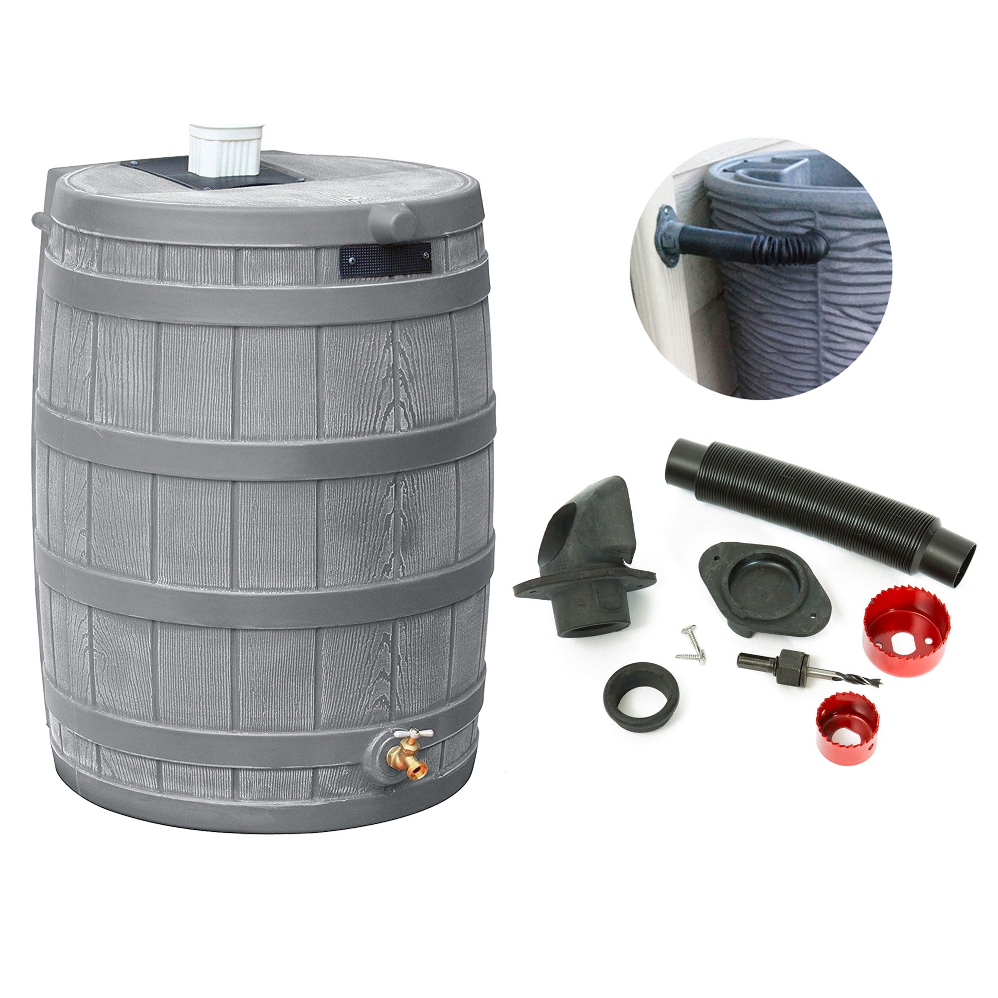 Good Ideas Rain Wizard 50 Gal Rain Barrel Collector, Gray & Diverter Flex Kit